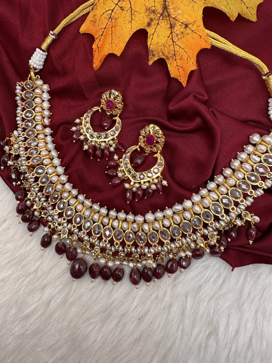 Polki 6 Carat Gold Plated Real Pearl Ruby Neckline Hyderabadi Nawabi Necklace