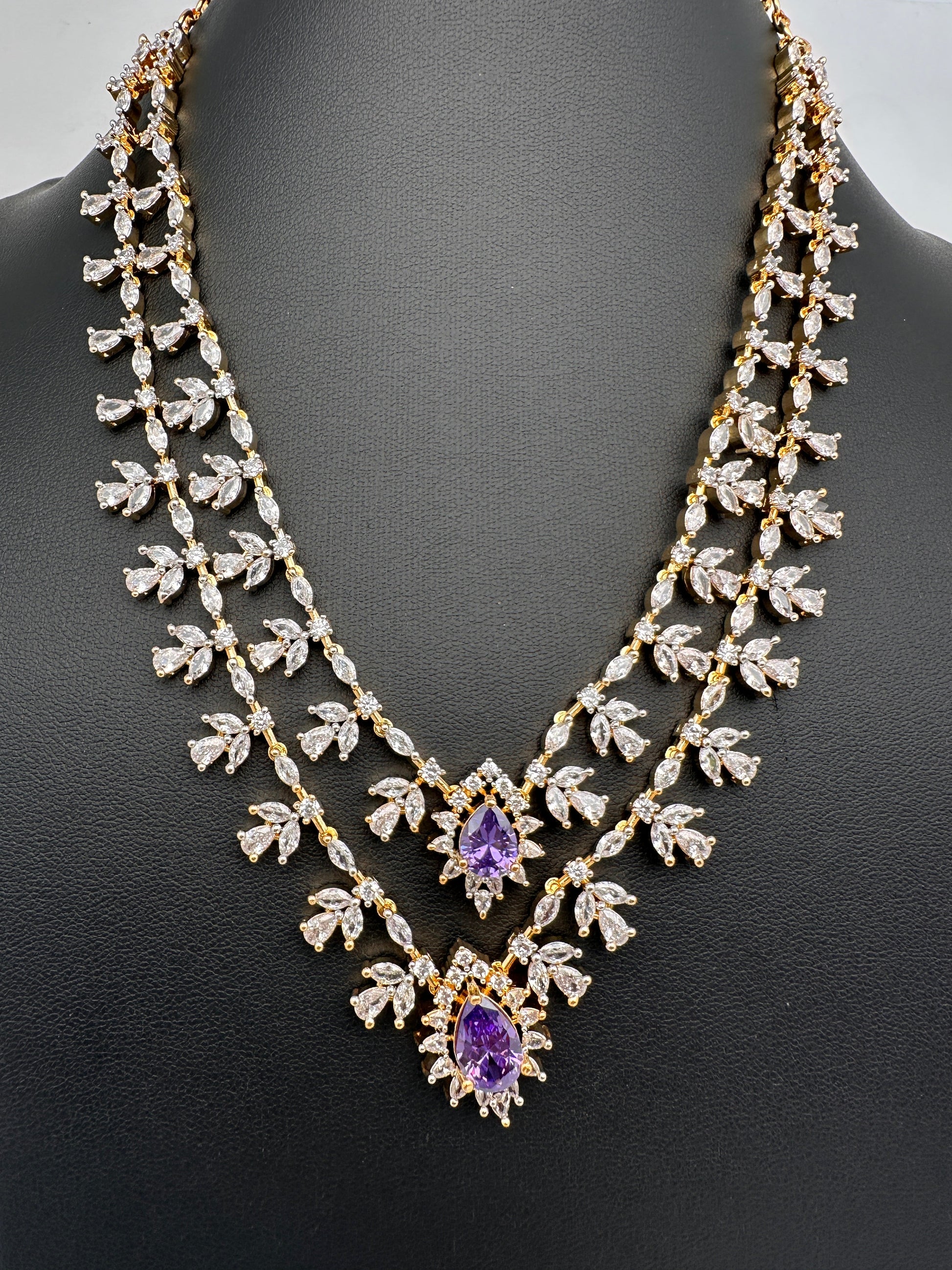 AD Diamond Finish Double Layer Color Short Necklace - Purple