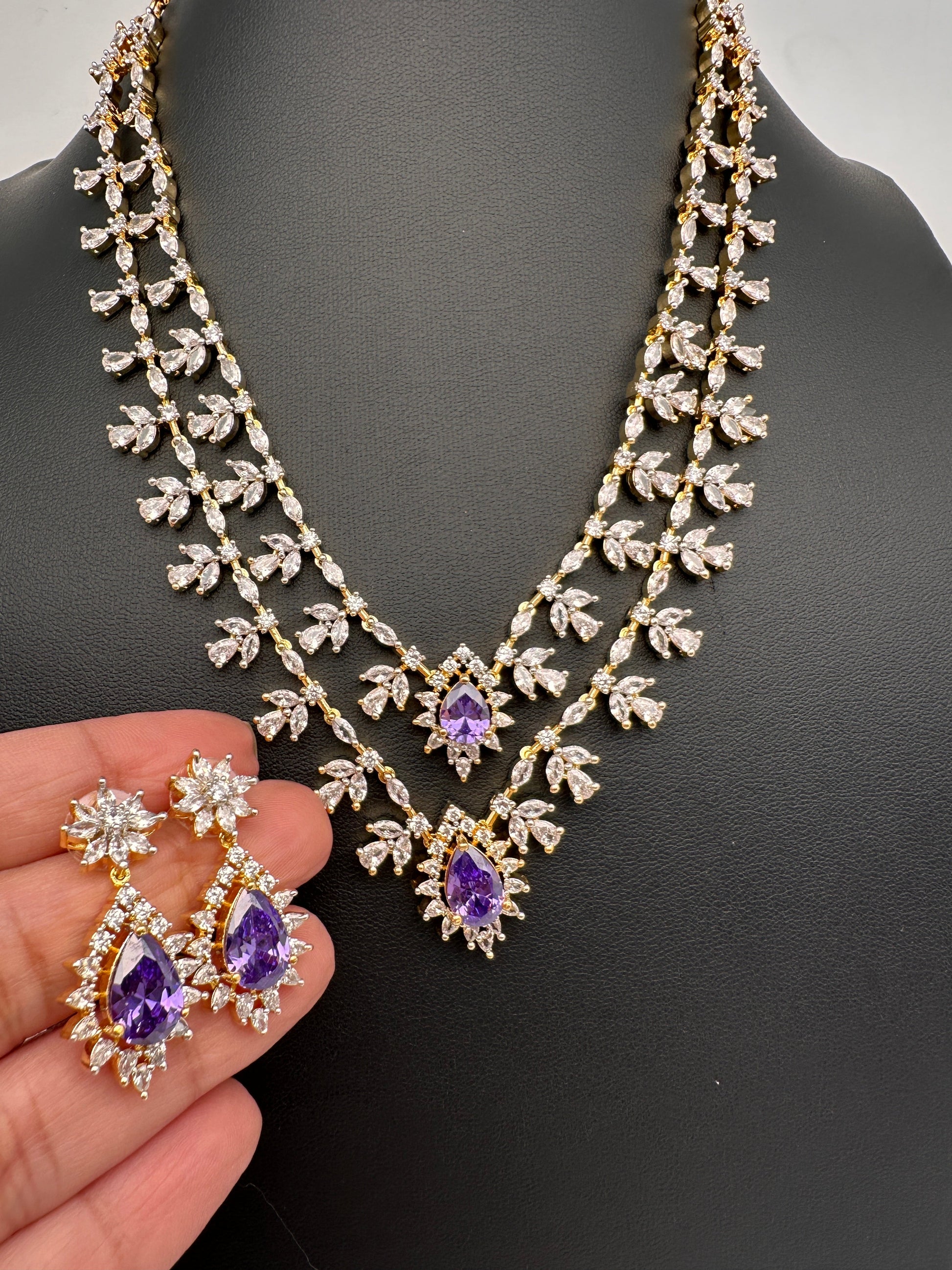 AD Diamond Finish Double Layer Color Short Necklace - Purple