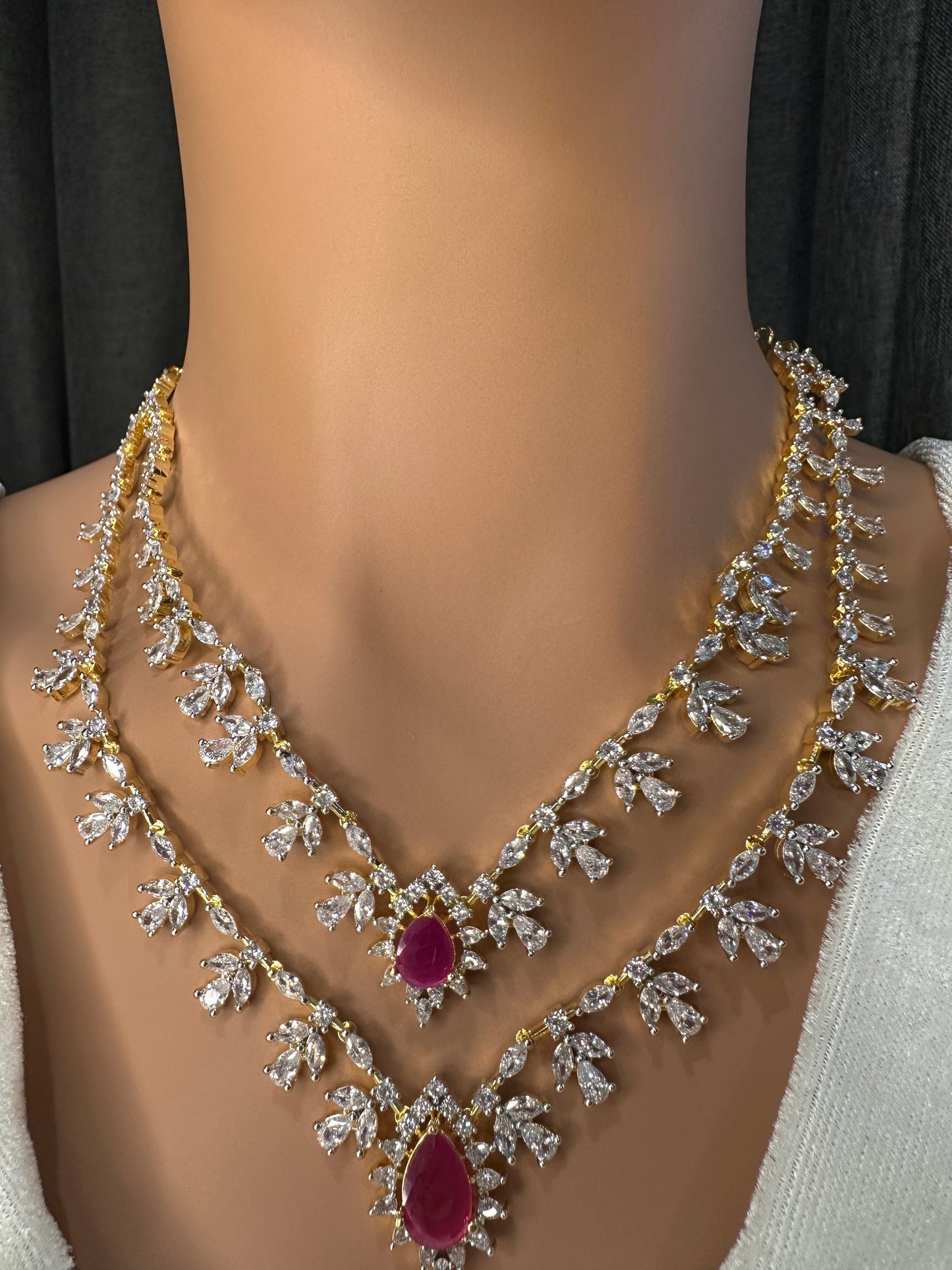 AD Diamond Finish Double Layer Color Short Necklace - Red