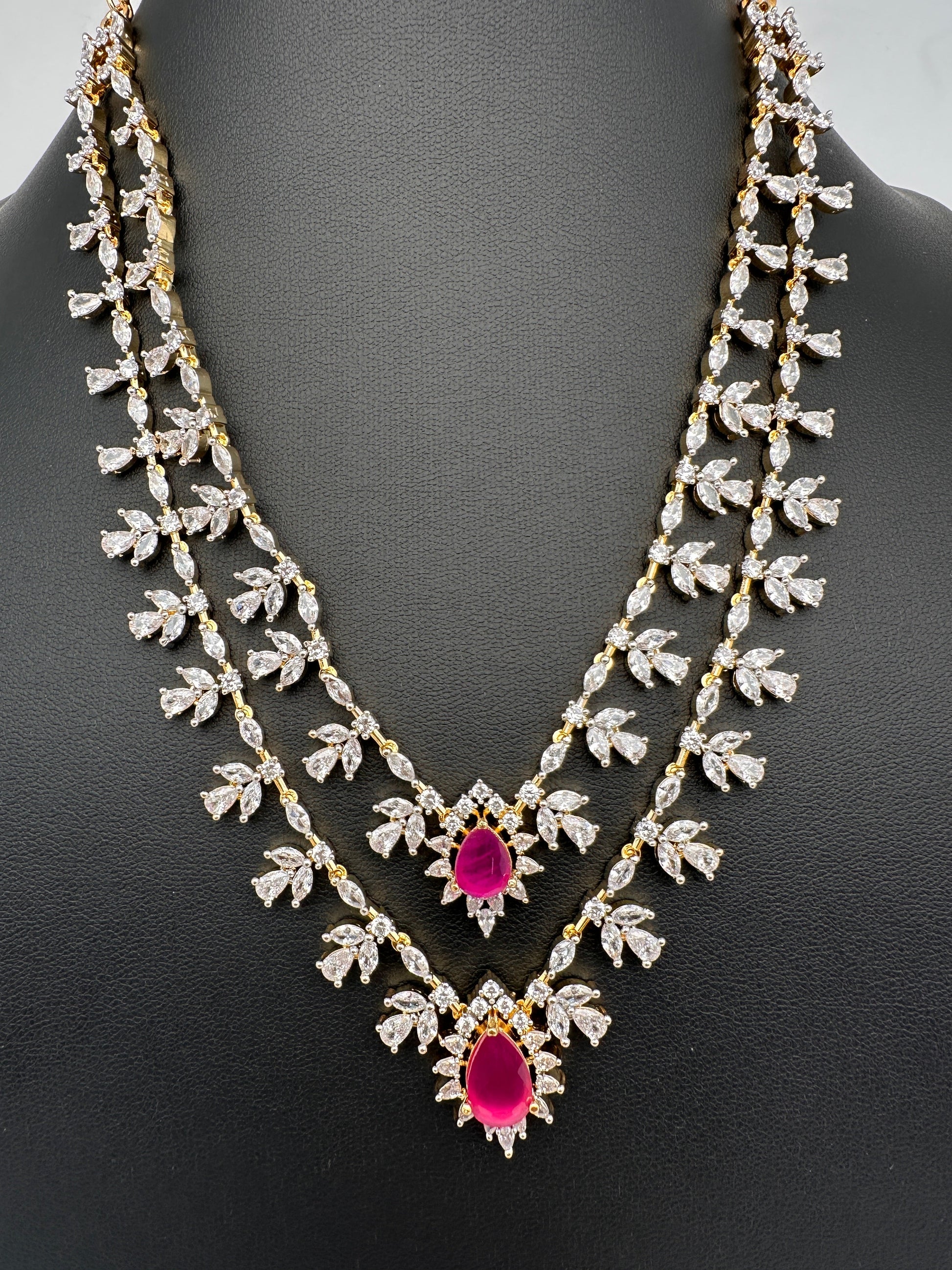AD Diamond Finish Double Layer Color Short Necklace - Red