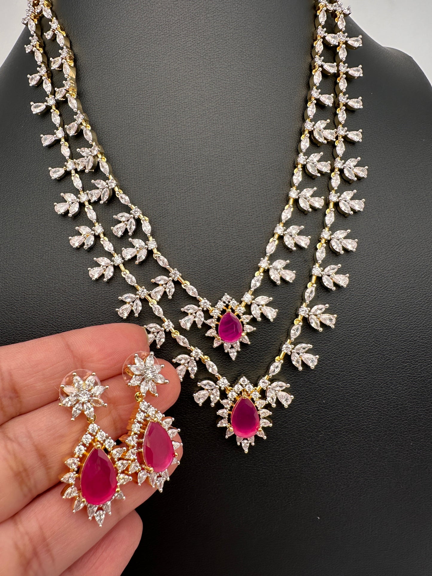 AD Diamond Finish Double Layer Color Short Necklace - Red