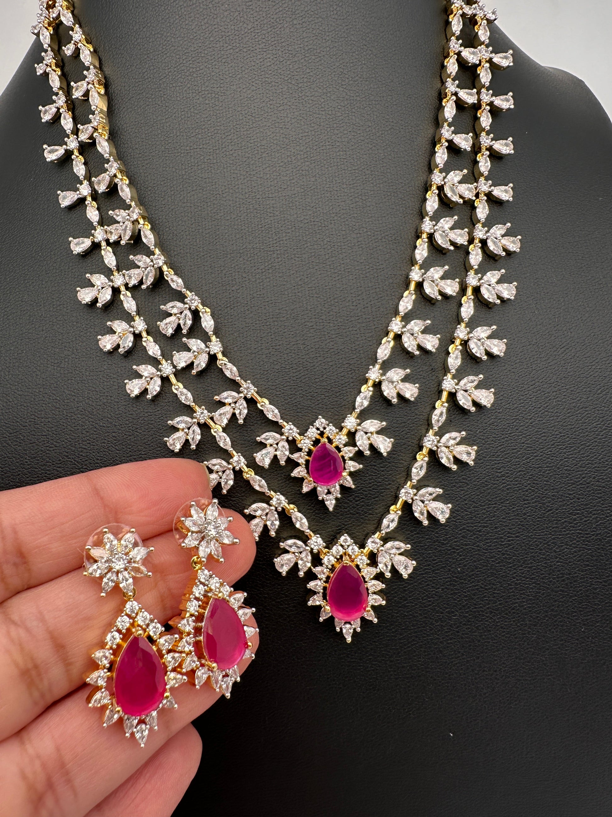 AD Diamond Finish Double Layer Color Short Necklace - Red