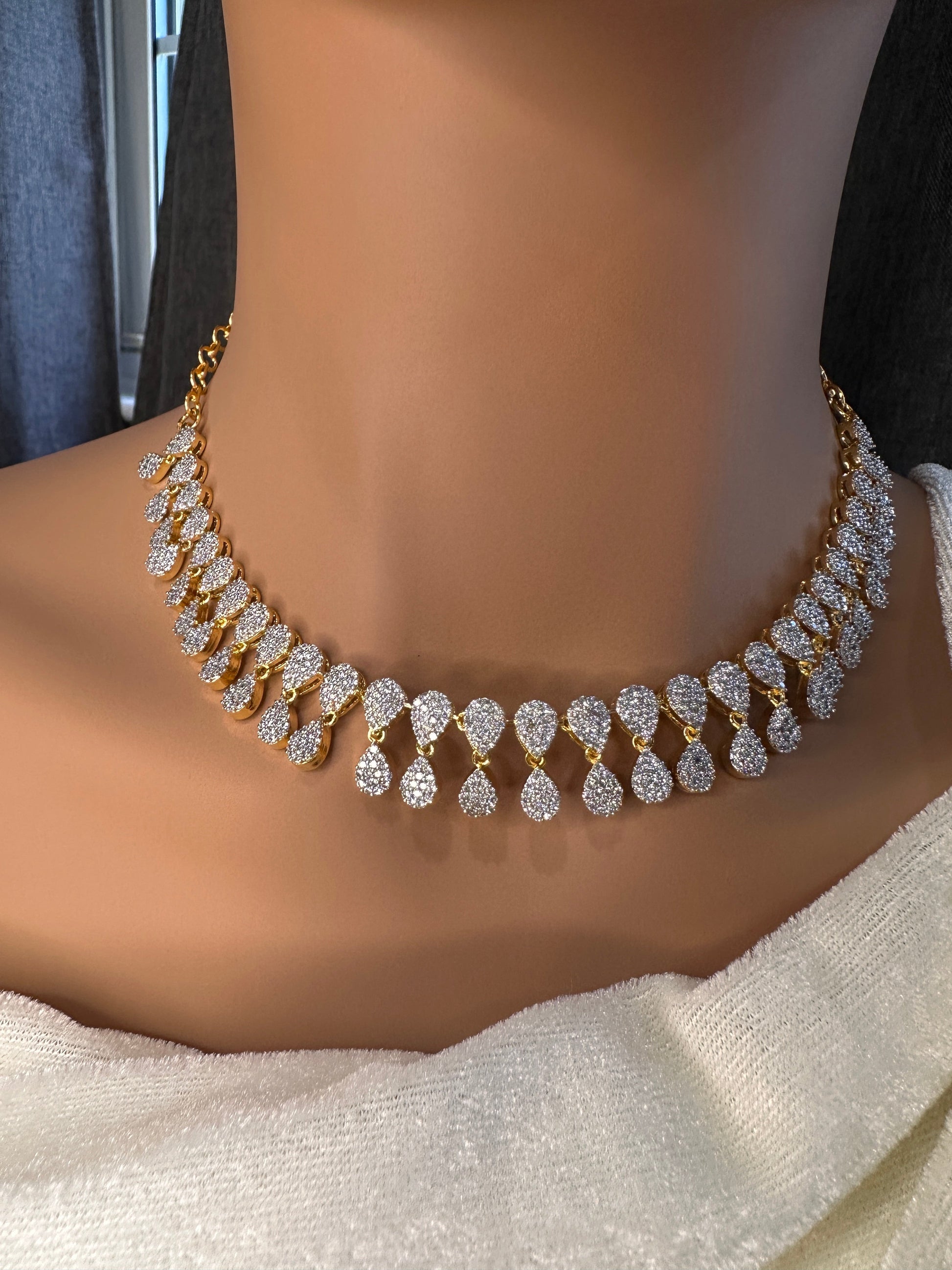 Silver Finish AD Dainty Short Necklace - Gold