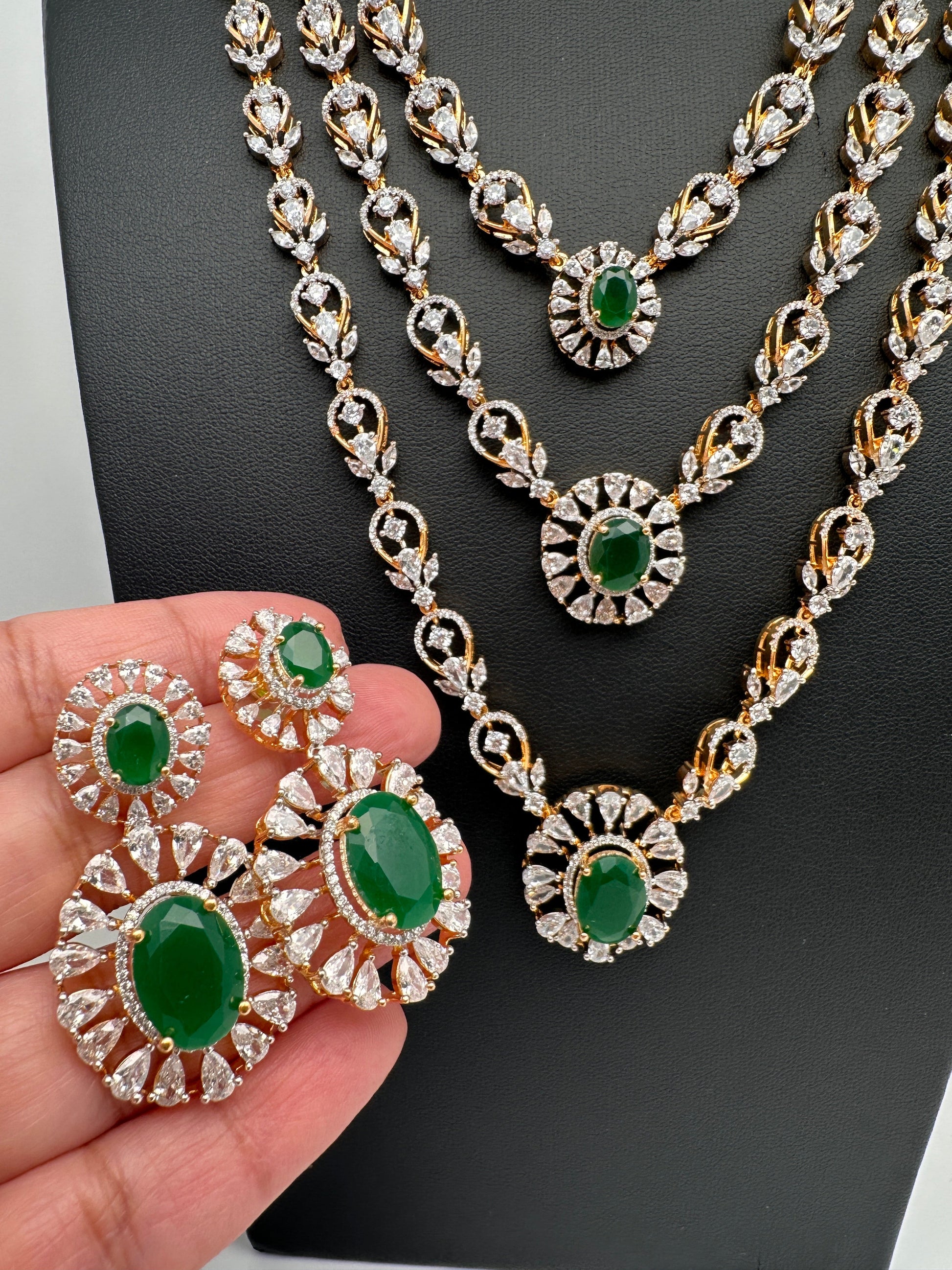 Multi Layer Teen Lada Long Color Stone AD Doublet Necklace - Green