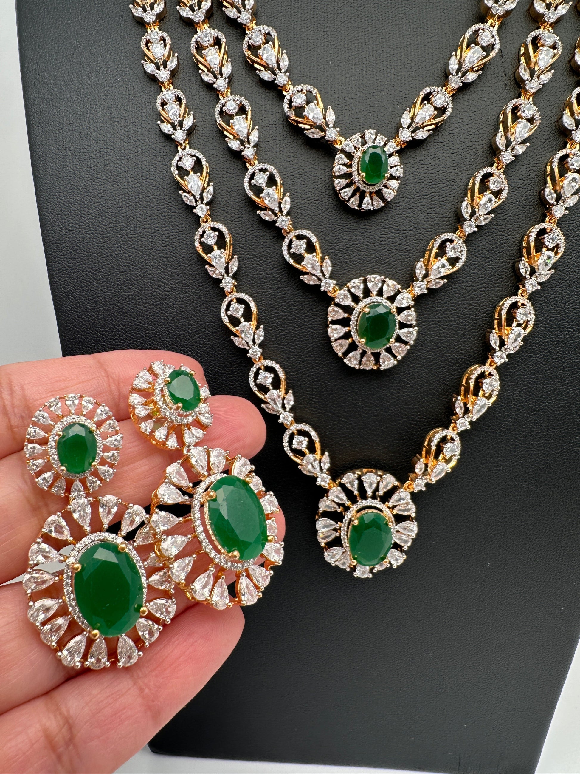 Multi Layer Teen Lada Long Color Stone AD Doublet Necklace - Green