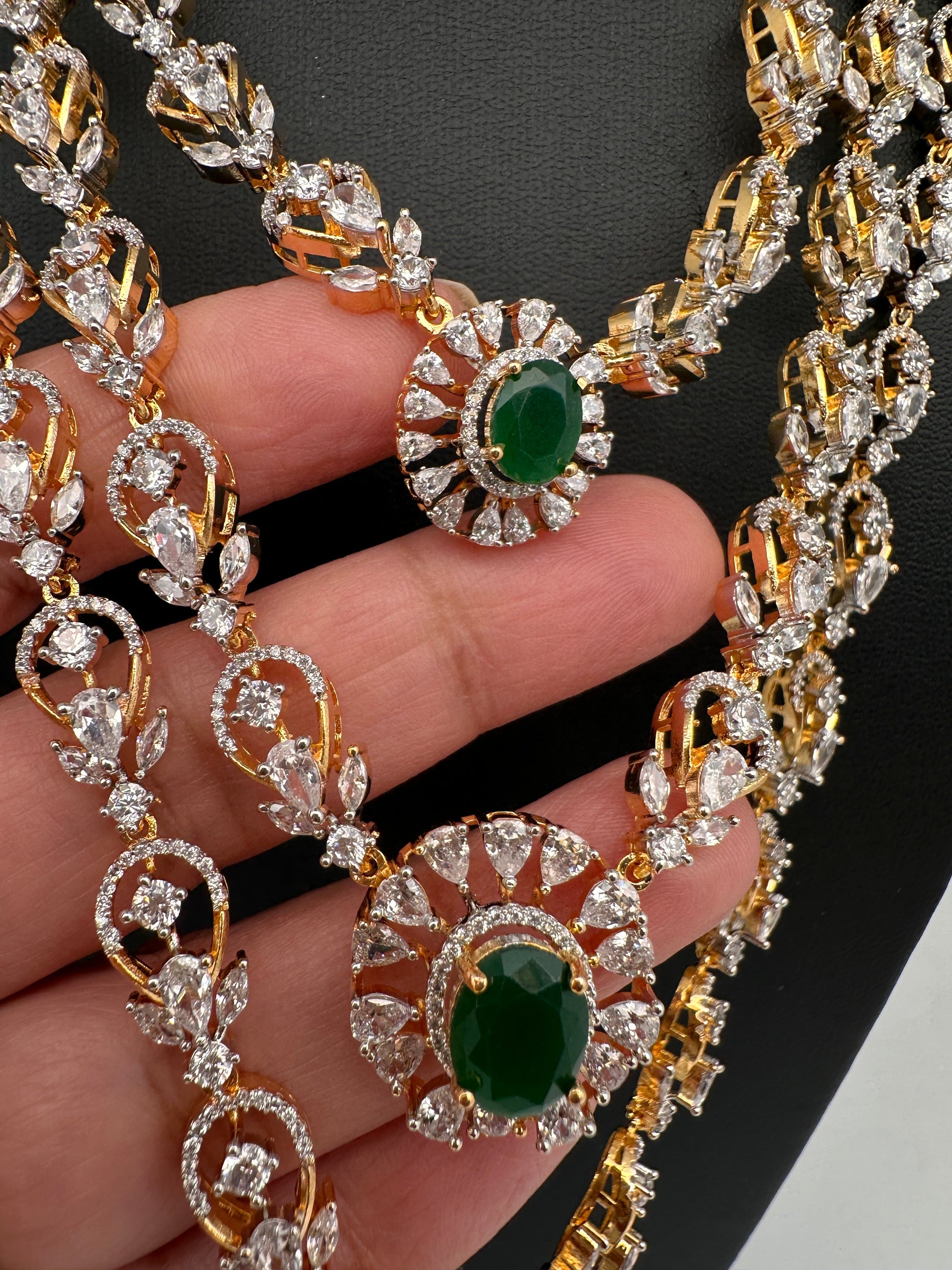 Multi Layer Teen Lada Long Color Stone AD Doublet Necklace - Green