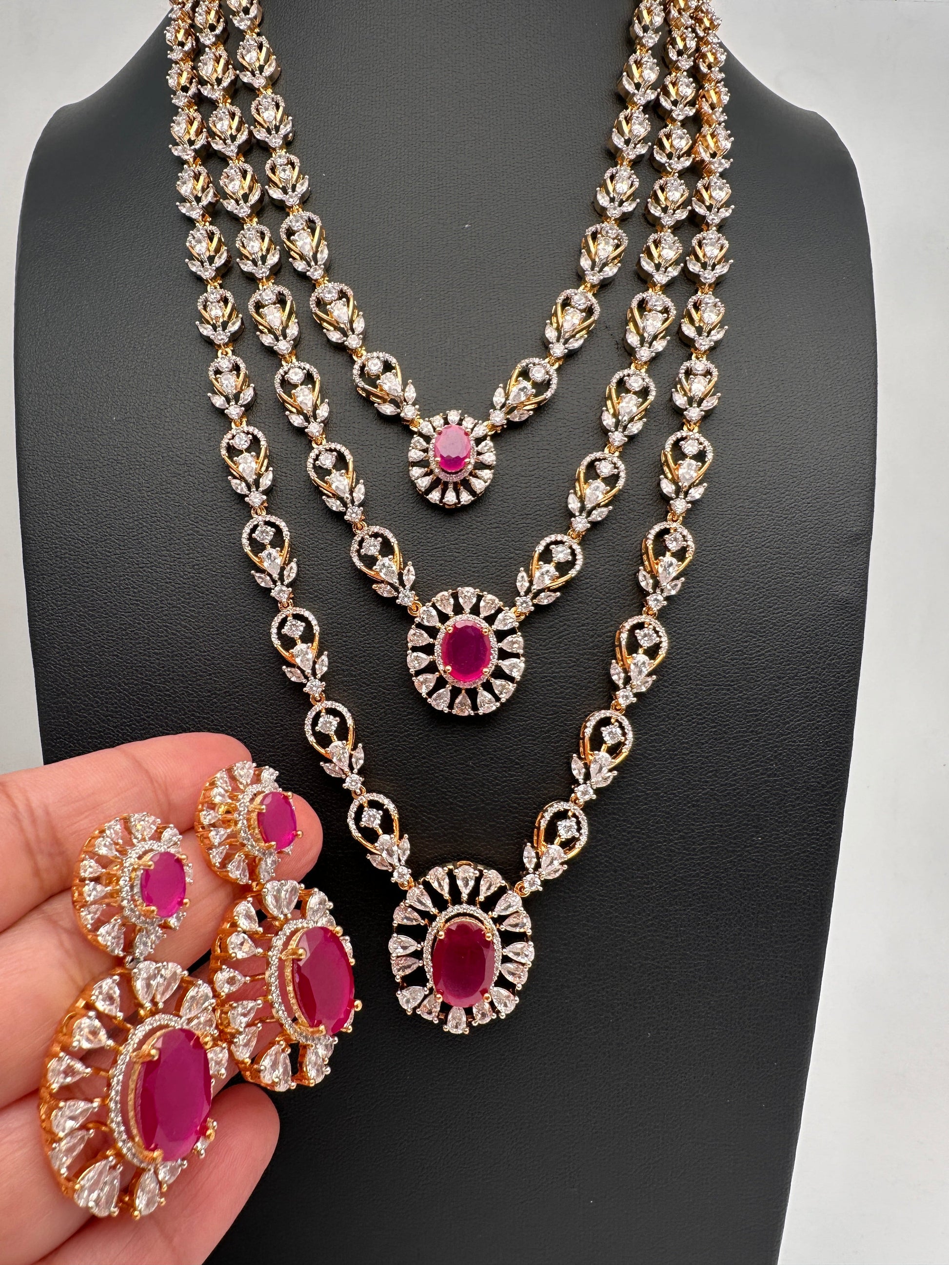 Multi Layer Teen Lada Long Color Stone AD Doublet Necklace - Red