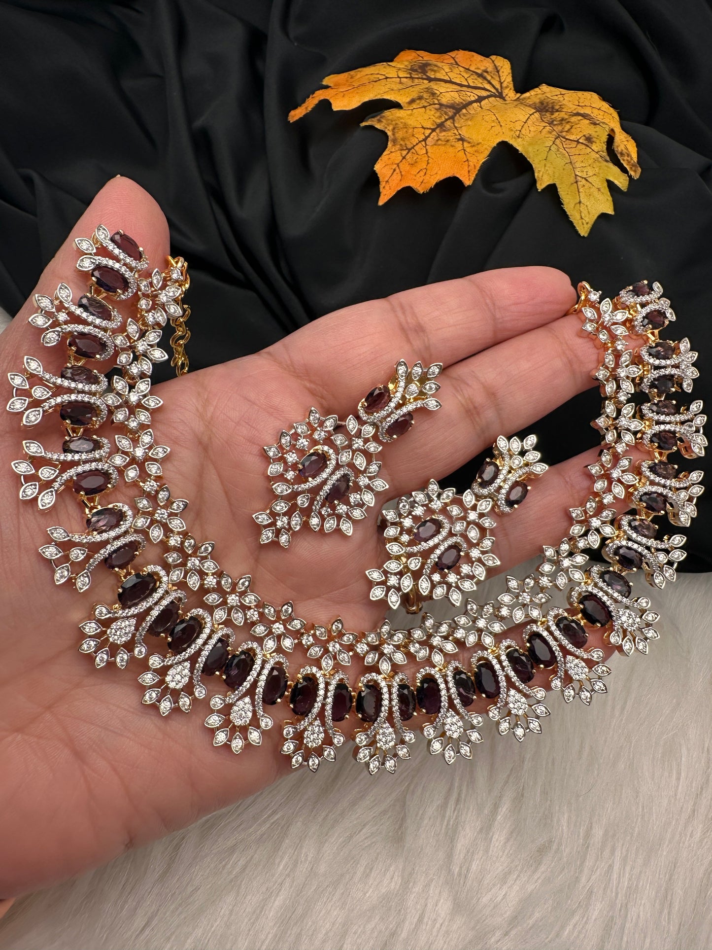 AD Neckline Color Stone Statement Necklace - Purple