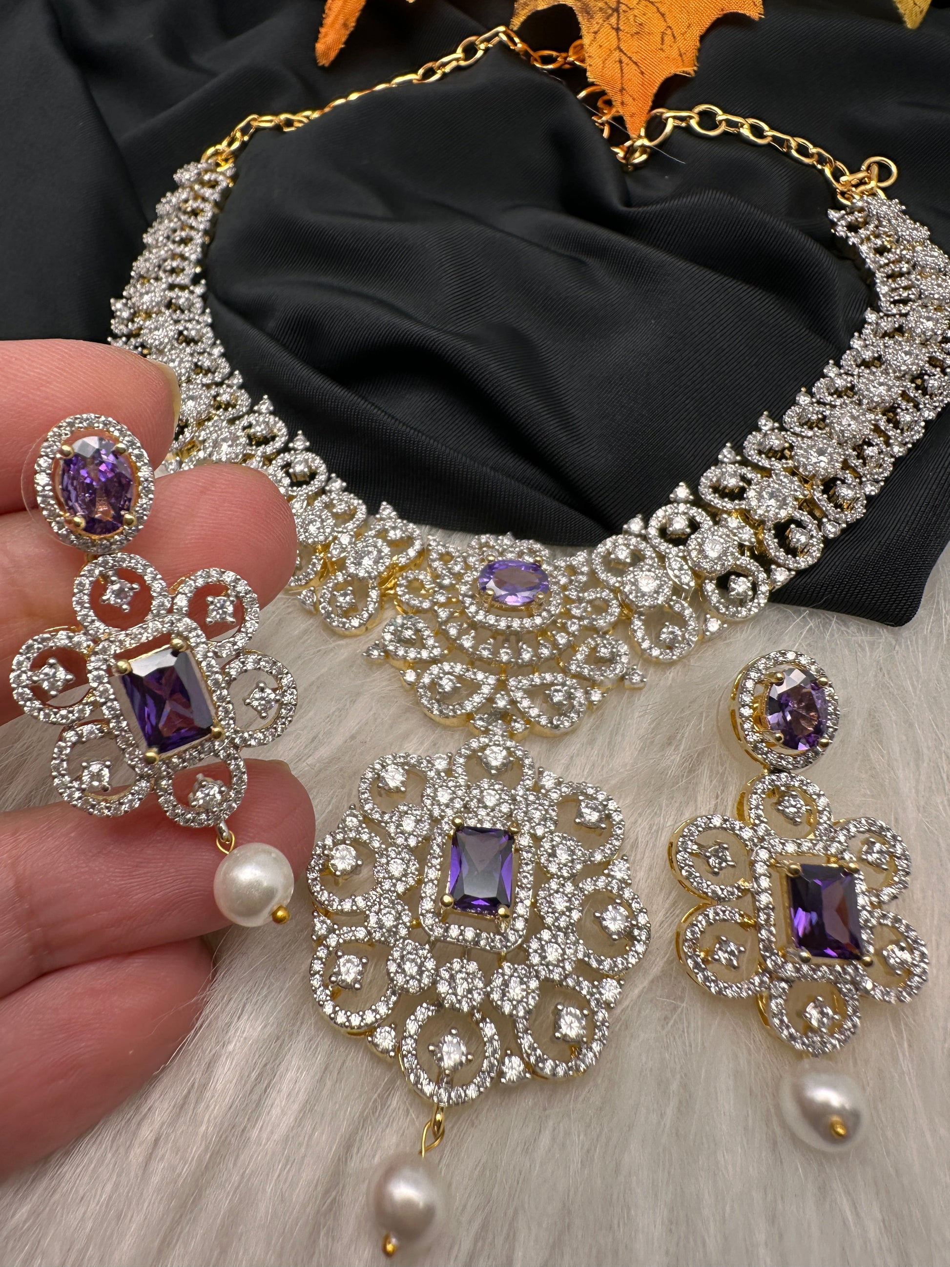 AD  Color Stone Diamond Finish Short Necklace - Purple