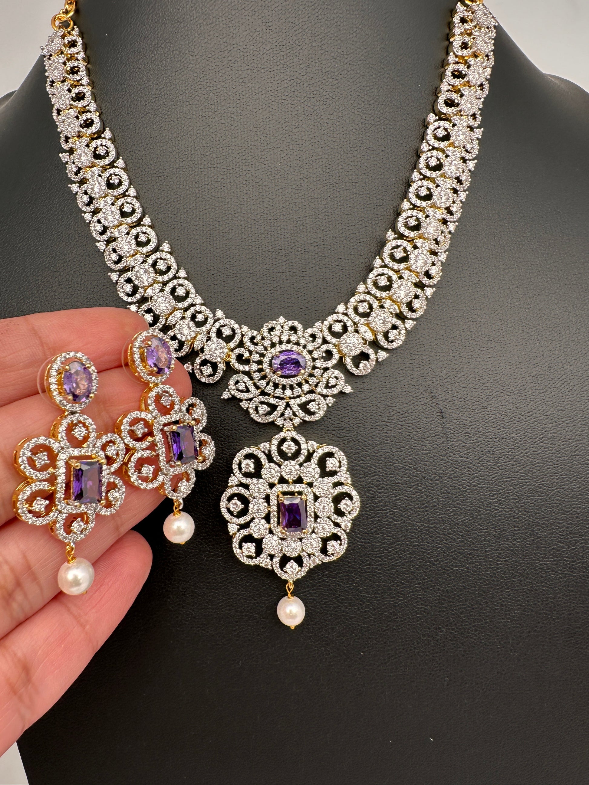 AD  Color Stone Diamond Finish Short Necklace - Purple