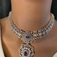 AD  Color Stone Diamond Finish Short Necklace - Purple