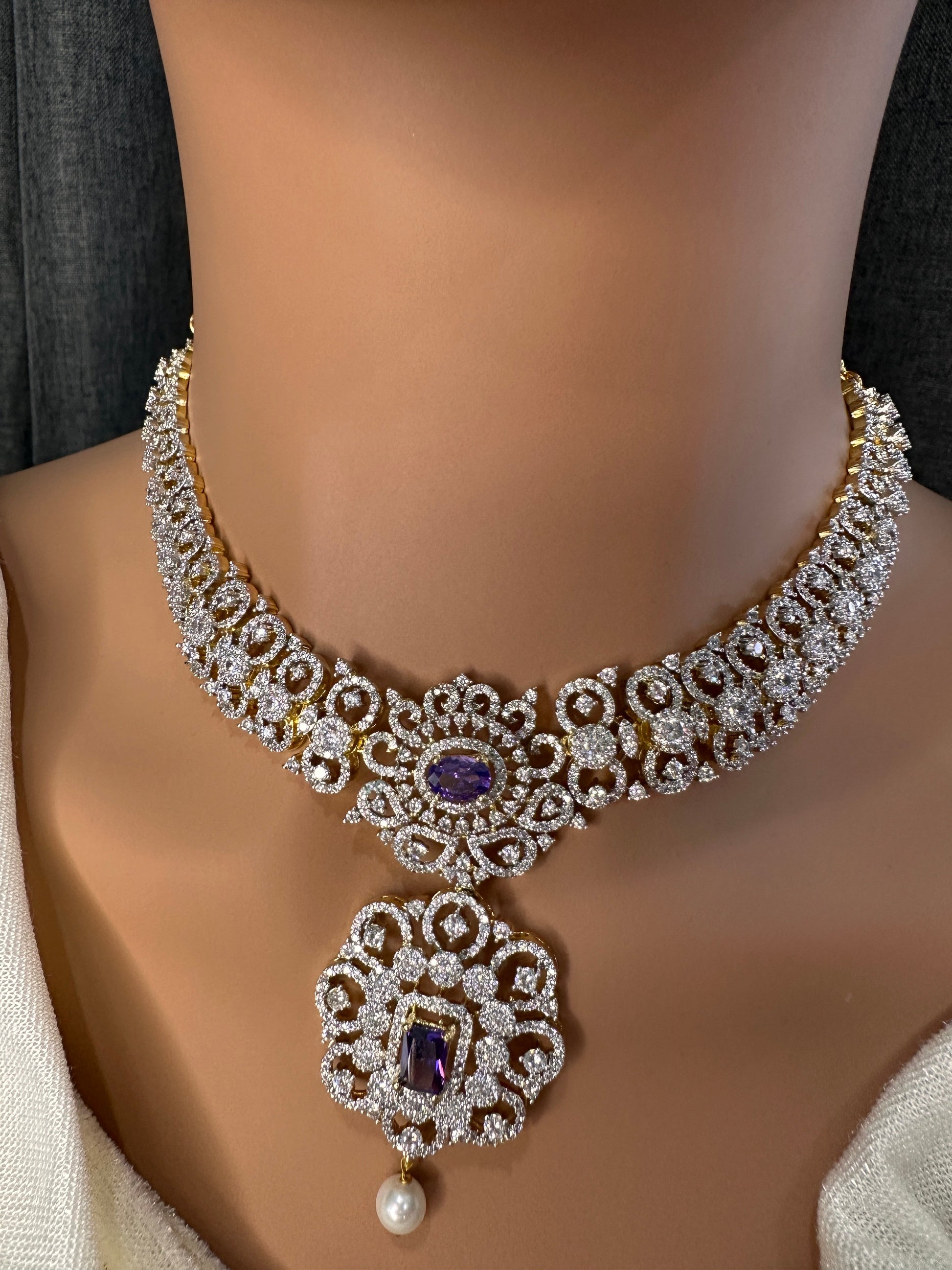 AD  Color Stone Diamond Finish Short Necklace - Purple
