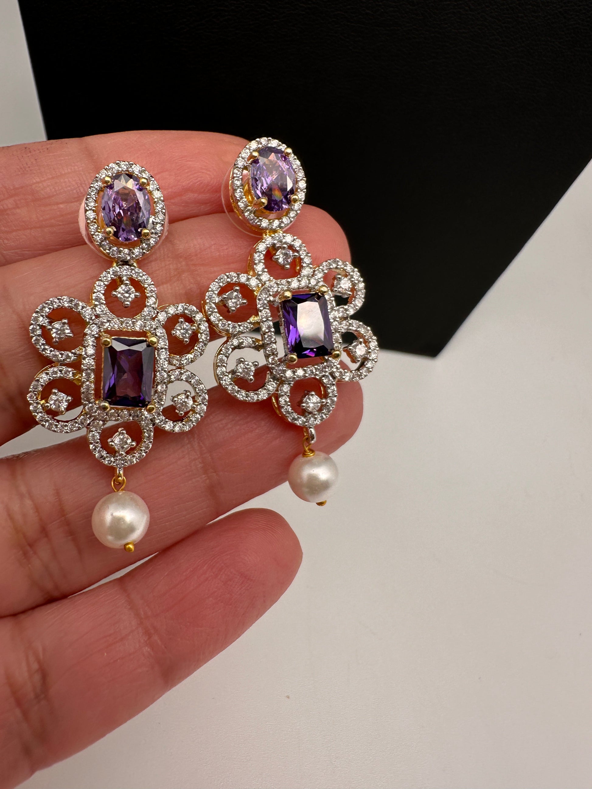 AD  Color Stone Diamond Finish Short Necklace - Purple