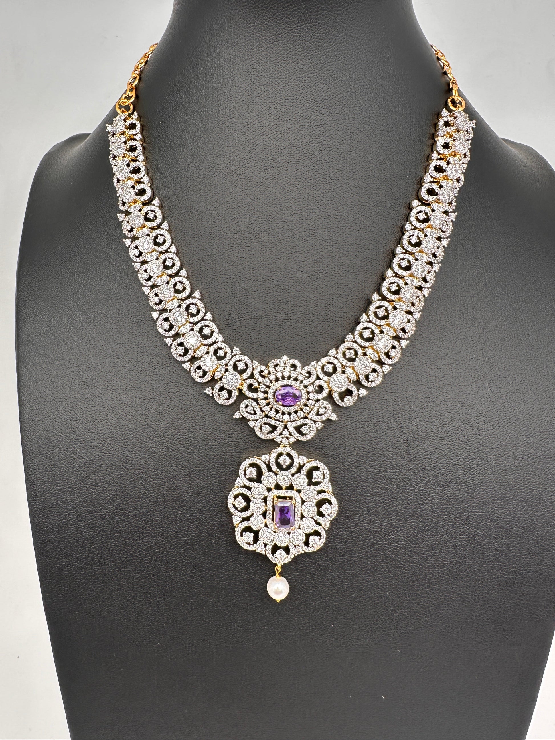 AD  Color Stone Diamond Finish Short Necklace - Purple