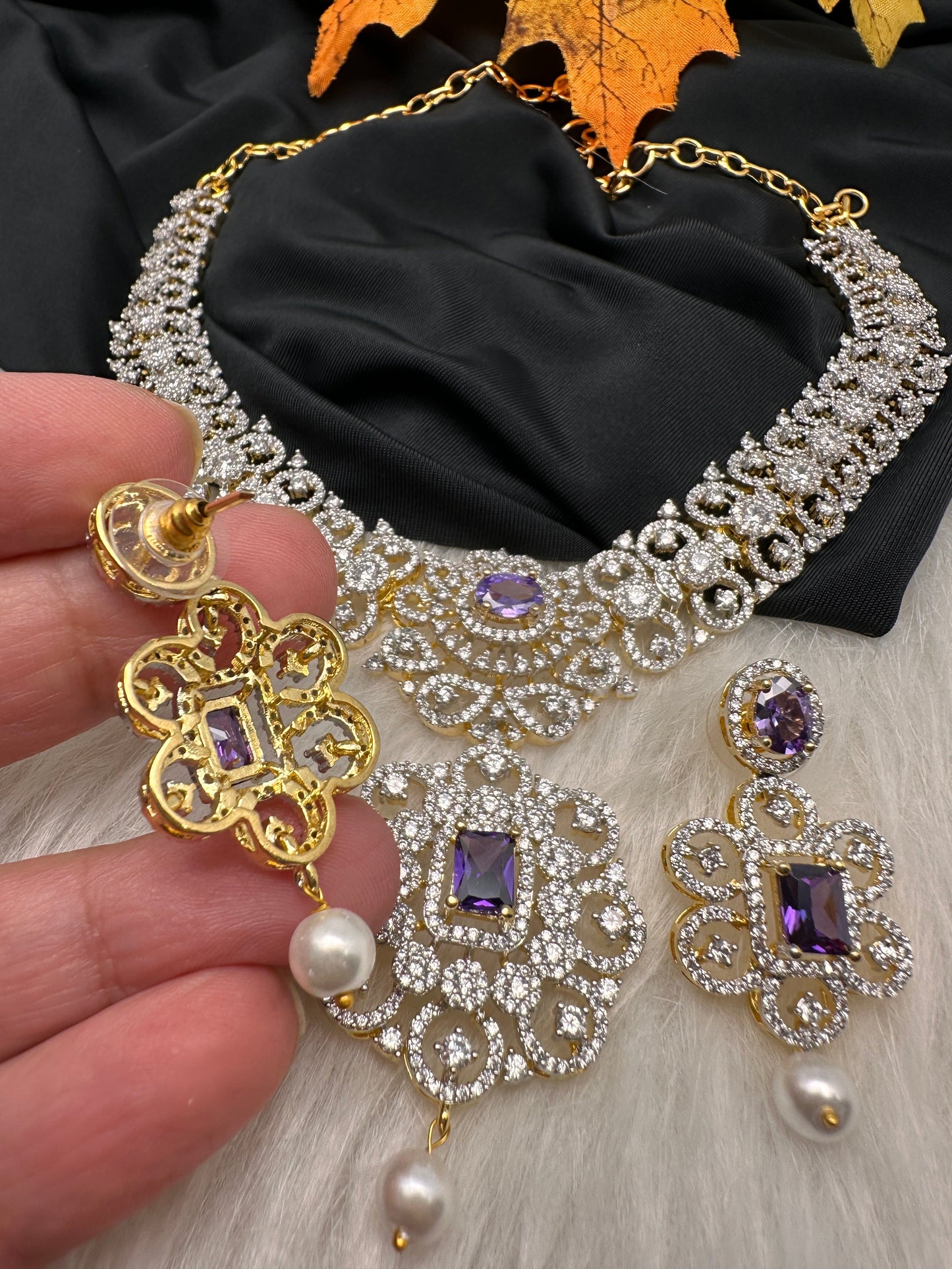 AD  Color Stone Diamond Finish Short Necklace - Purple