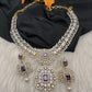 AD  Color Stone Diamond Finish Short Necklace - Purple