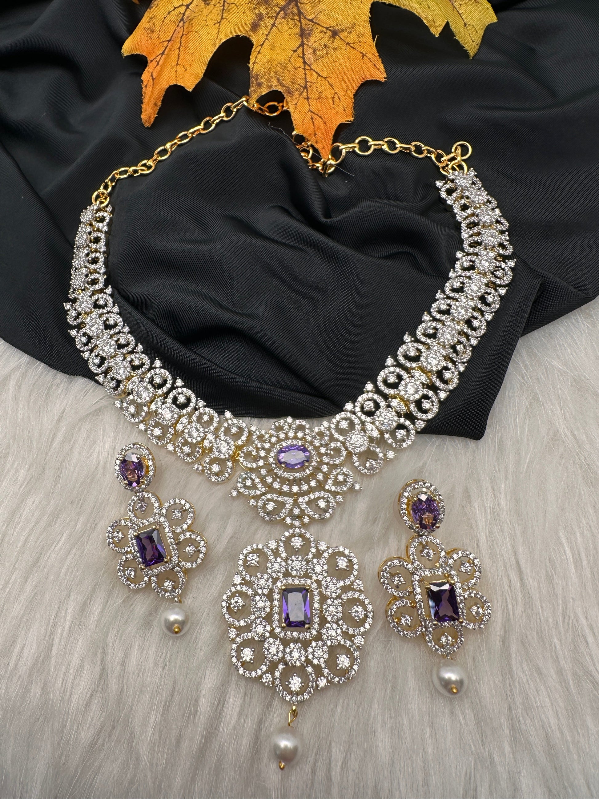 AD  Color Stone Diamond Finish Short Necklace - Purple