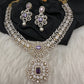 AD  Color Stone Diamond Finish Short Necklace - Purple