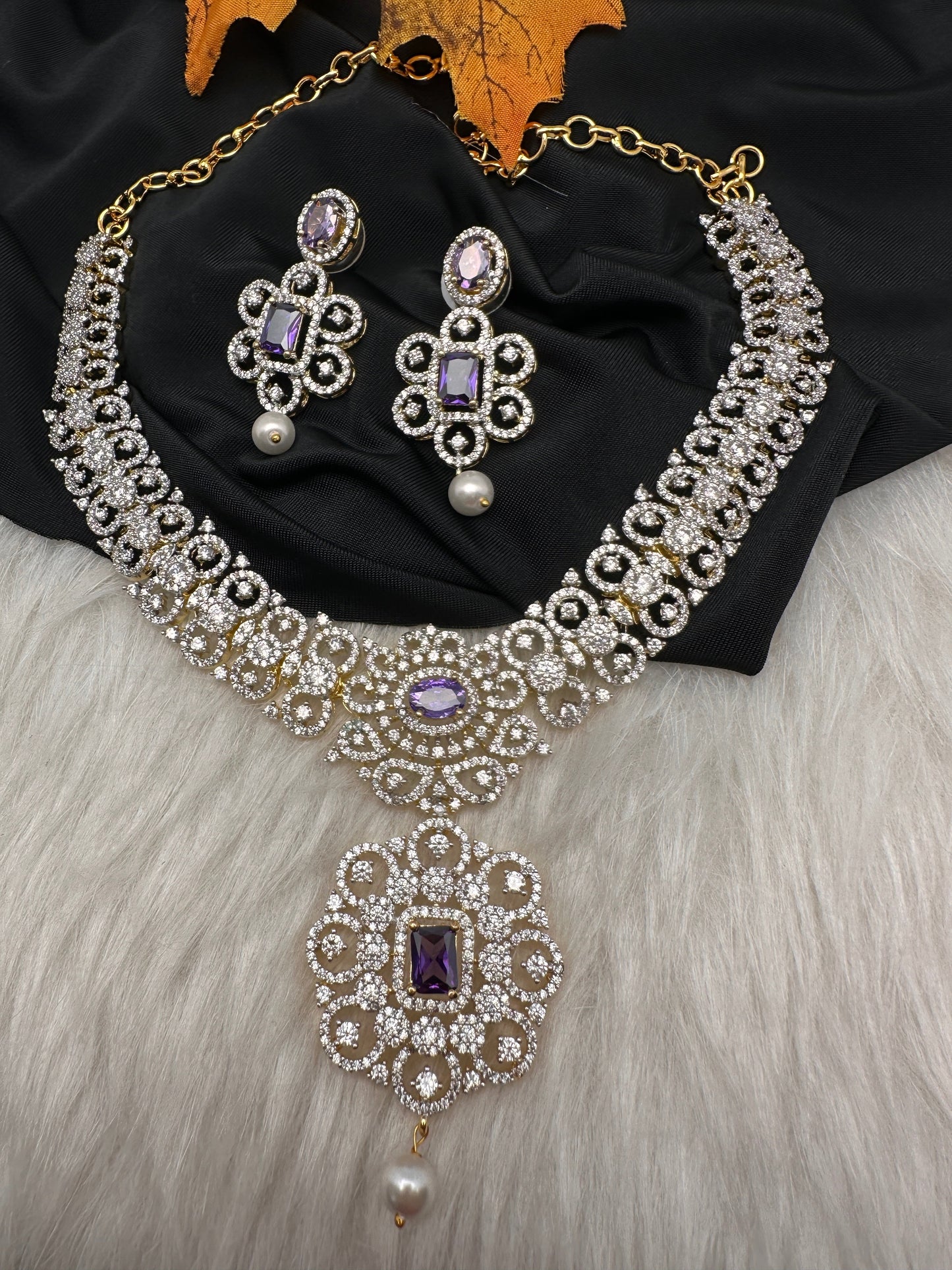 AD  Color Stone Diamond Finish Short Necklace - Purple