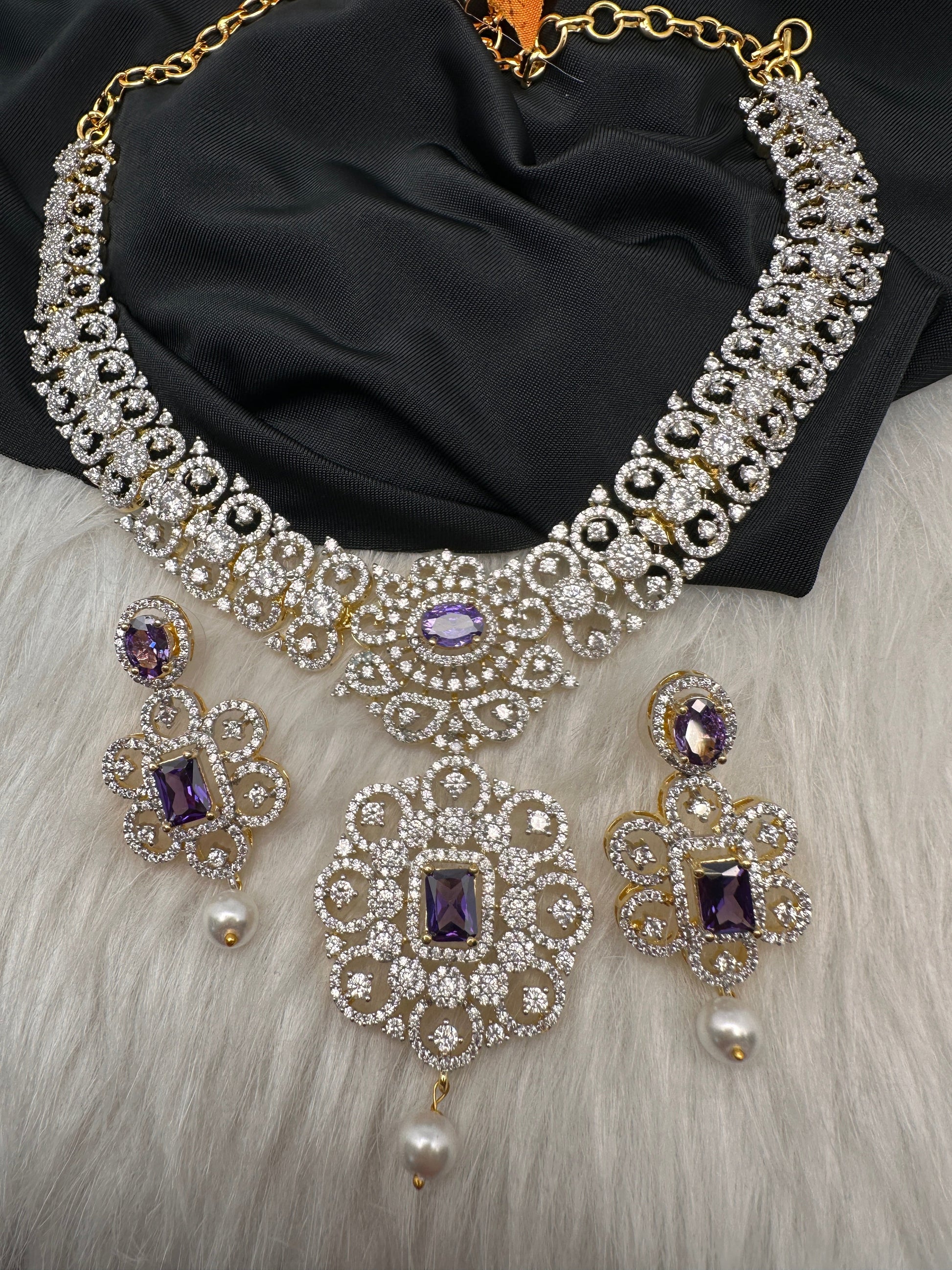 AD  Color Stone Diamond Finish Short Necklace - Purple