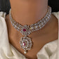 AD  Color Stone Diamond Finish Short Necklace - Red