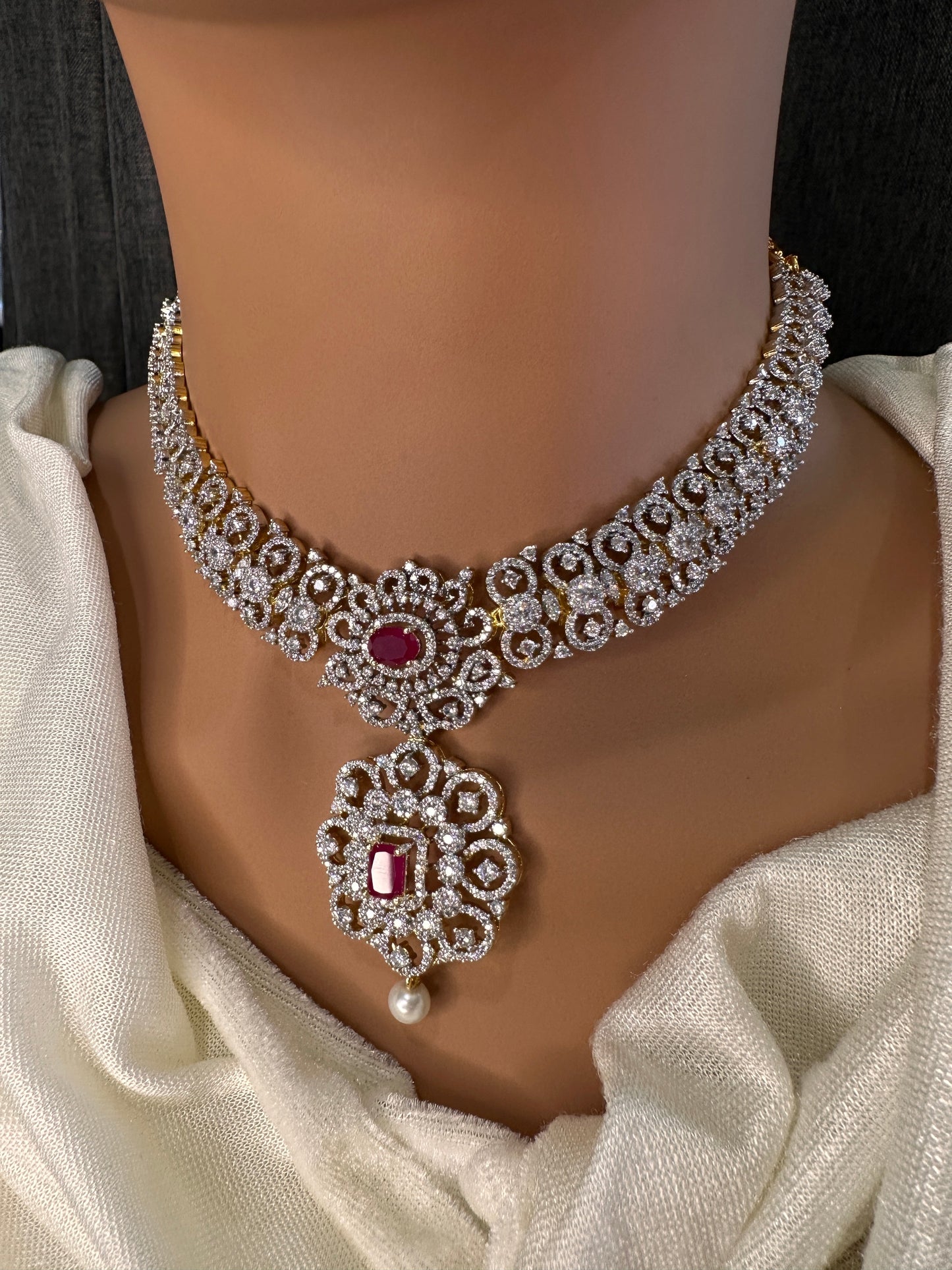 AD  Color Stone Diamond Finish Short Necklace - Red