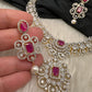 AD  Color Stone Diamond Finish Short Necklace - Red