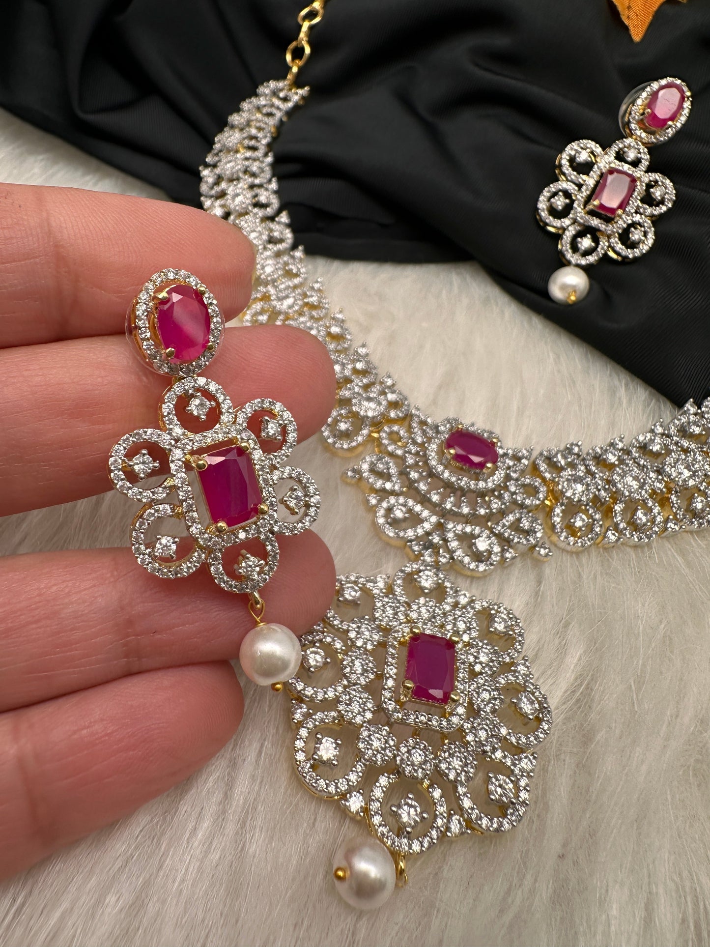 AD  Color Stone Diamond Finish Short Necklace - Red