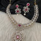 AD  Color Stone Diamond Finish Short Necklace - Red