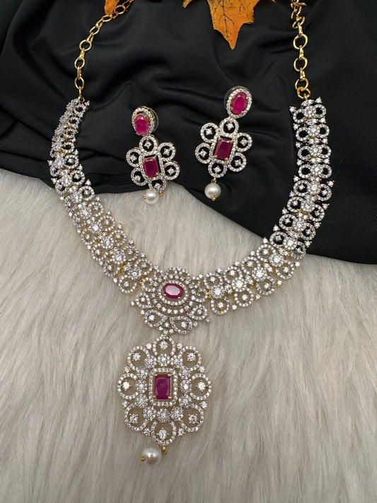 AD  Color Stone Diamond Finish Short Necklace - Red