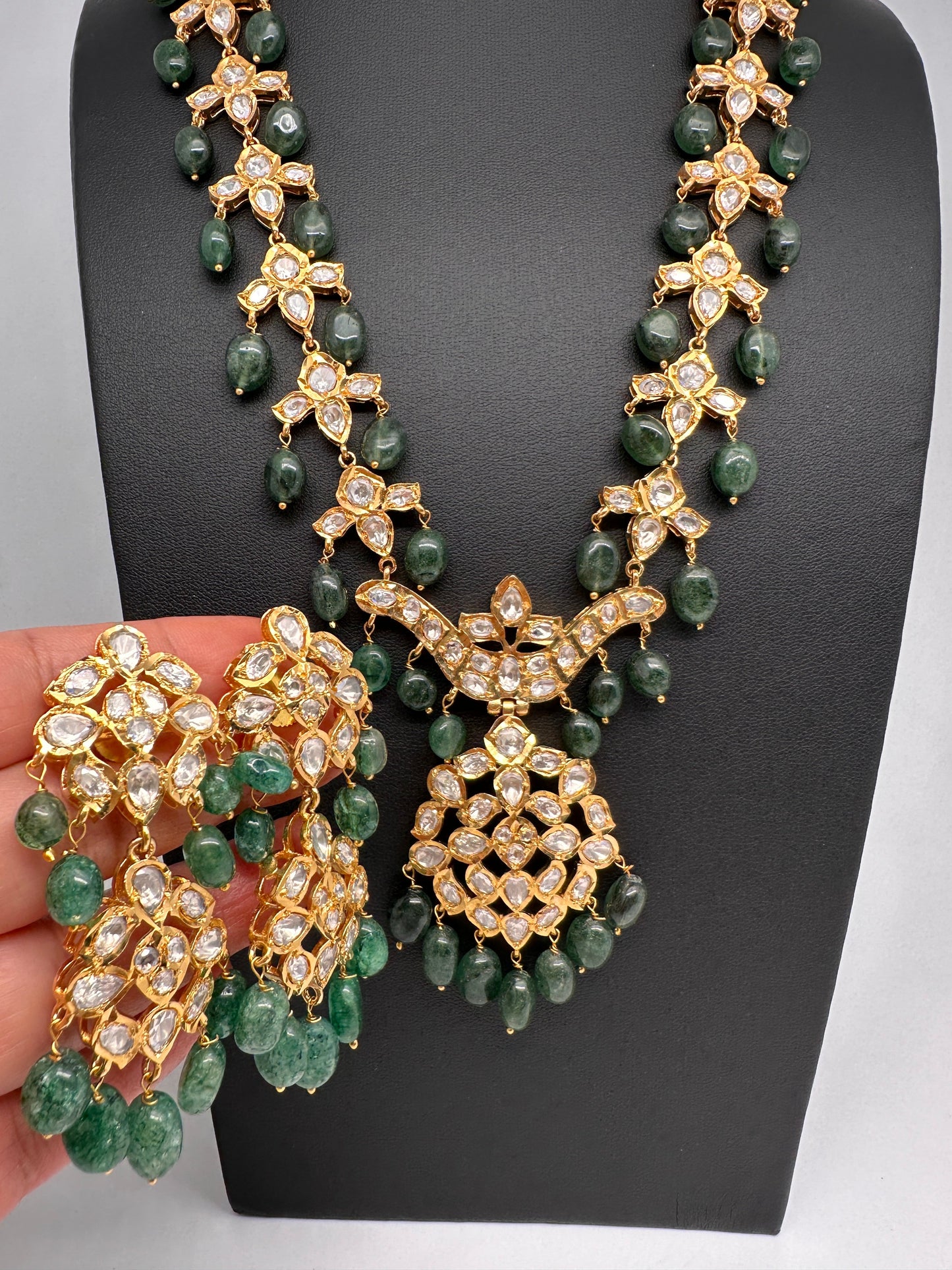Polki 6 Carat Gold Plated CZ Green Emerald Beads Necklace