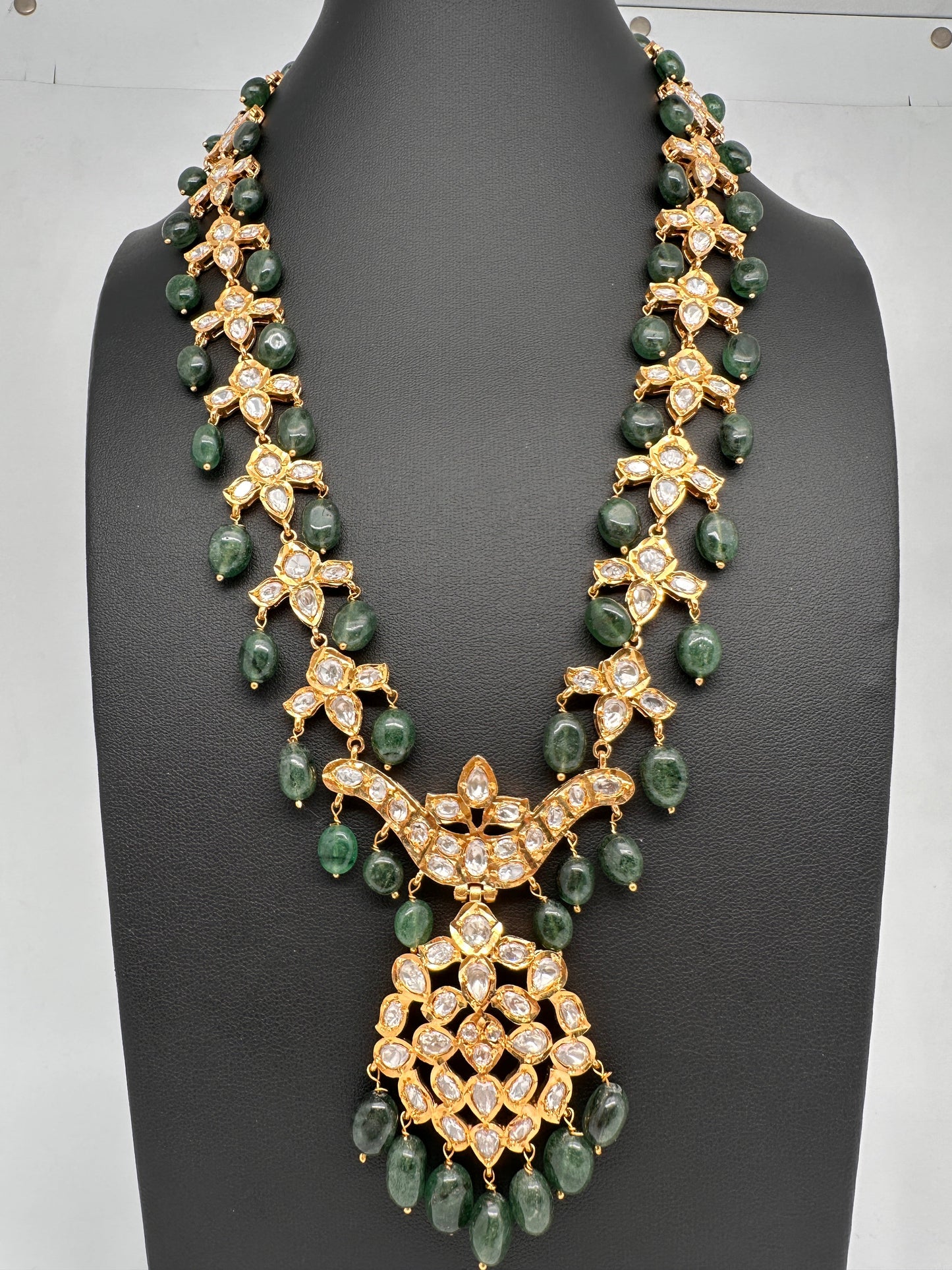 Polki 6 Carat Gold Plated CZ Green Emerald Beads Necklace