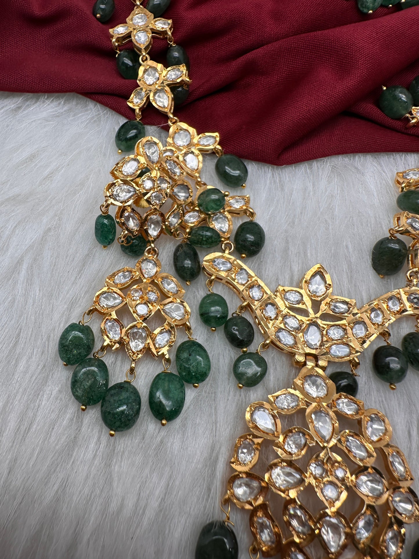 Polki 6 Carat Gold Plated CZ Green Emerald Beads Necklace