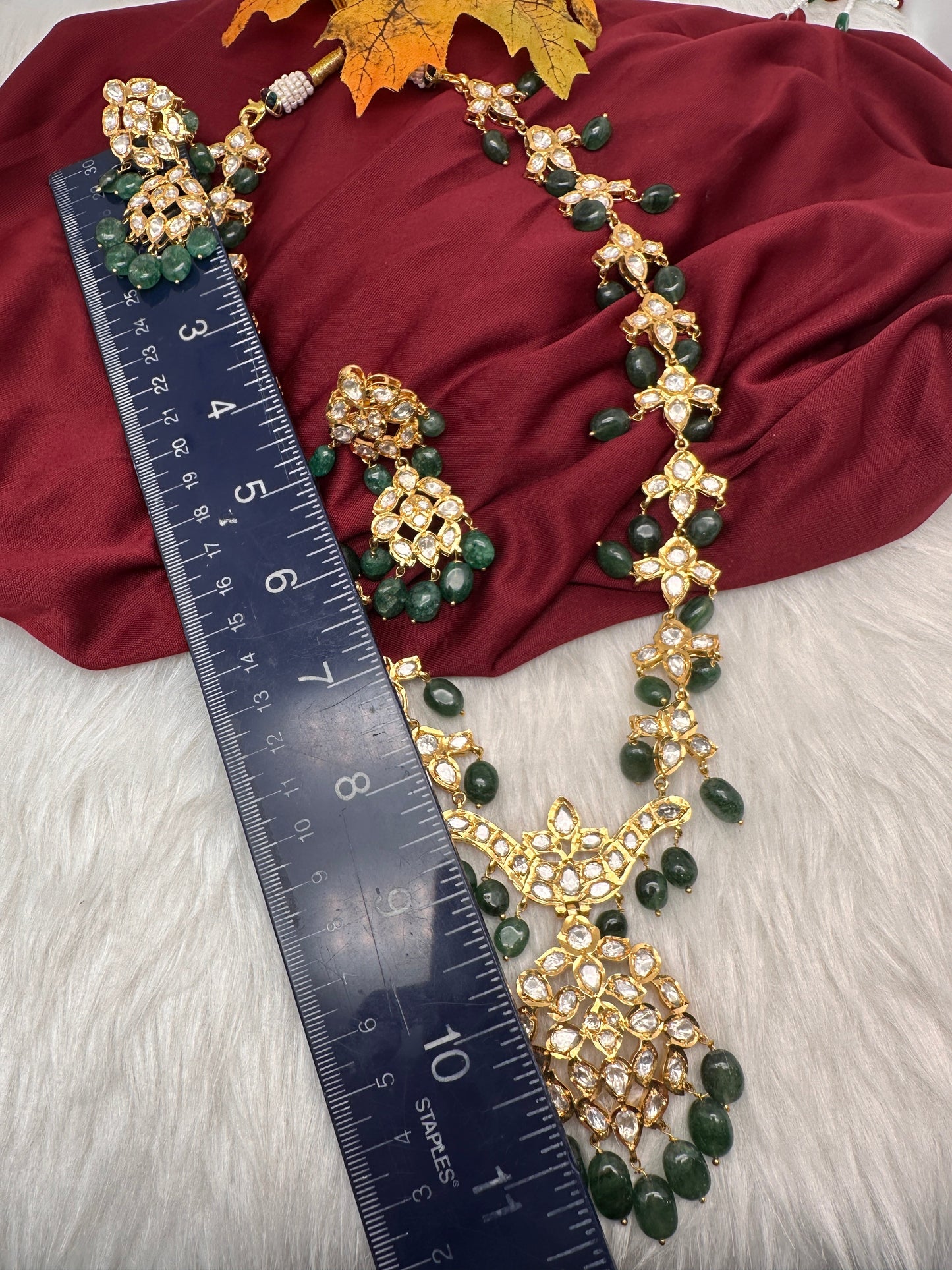 Polki 6 Carat Gold Plated CZ Green Emerald Beads Necklace
