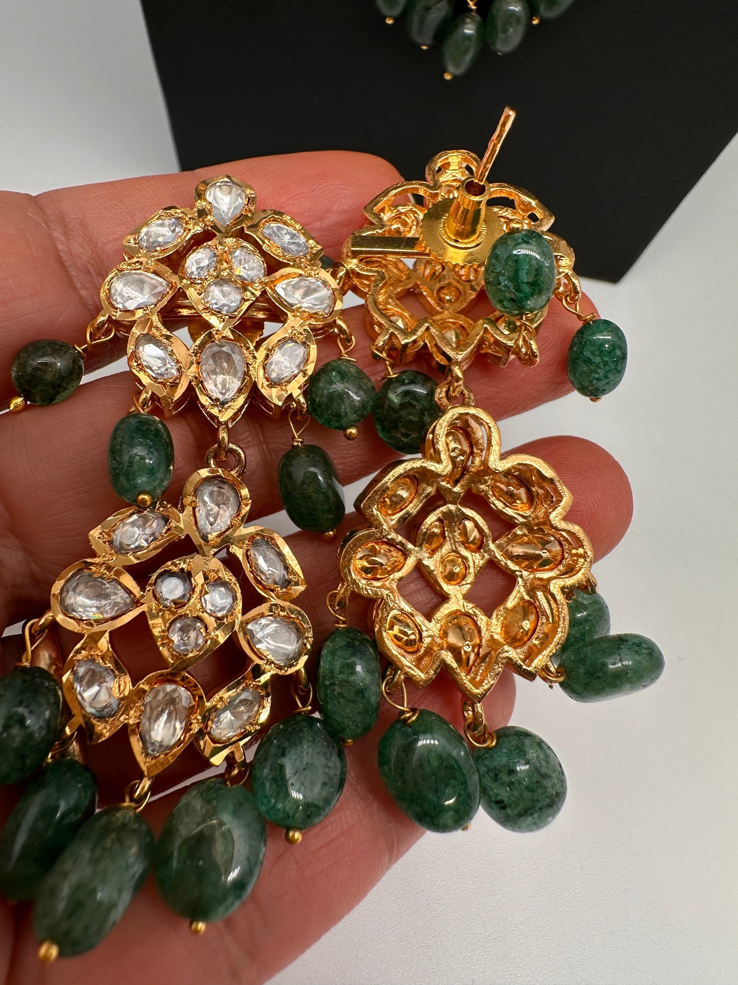 Polki 6 Carat Gold Plated CZ Green Emerald Beads Necklace