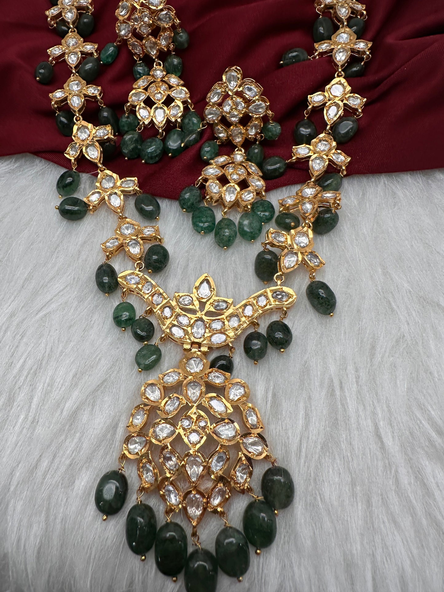 Polki 6 Carat Gold Plated CZ Green Emerald Beads Necklace