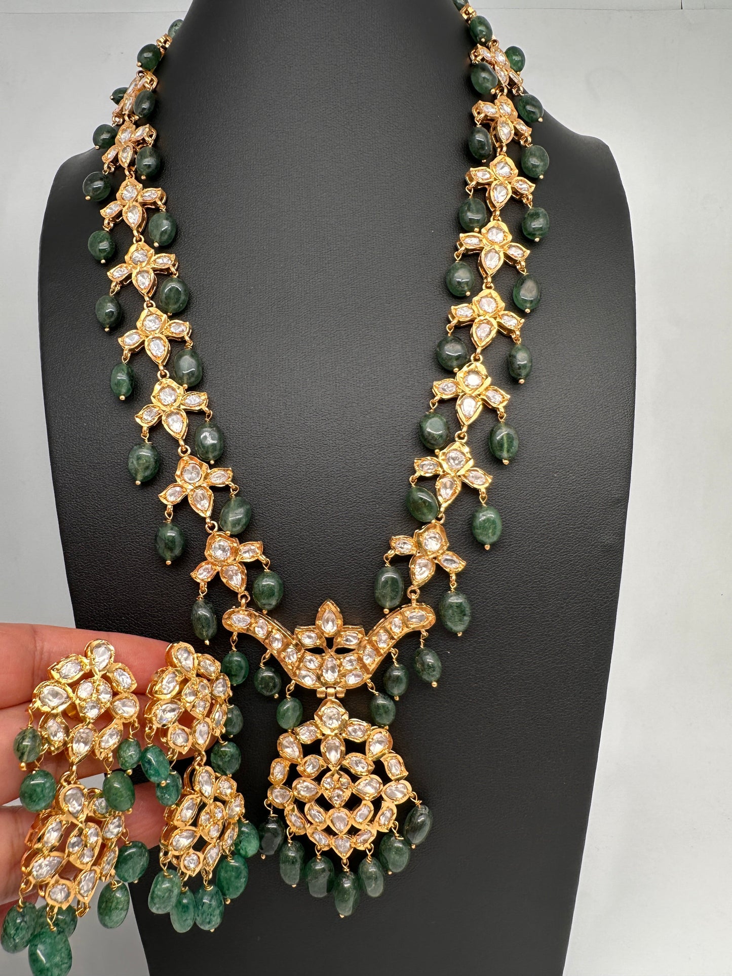 Polki 6 Carat Gold Plated CZ Green Emerald Beads Necklace