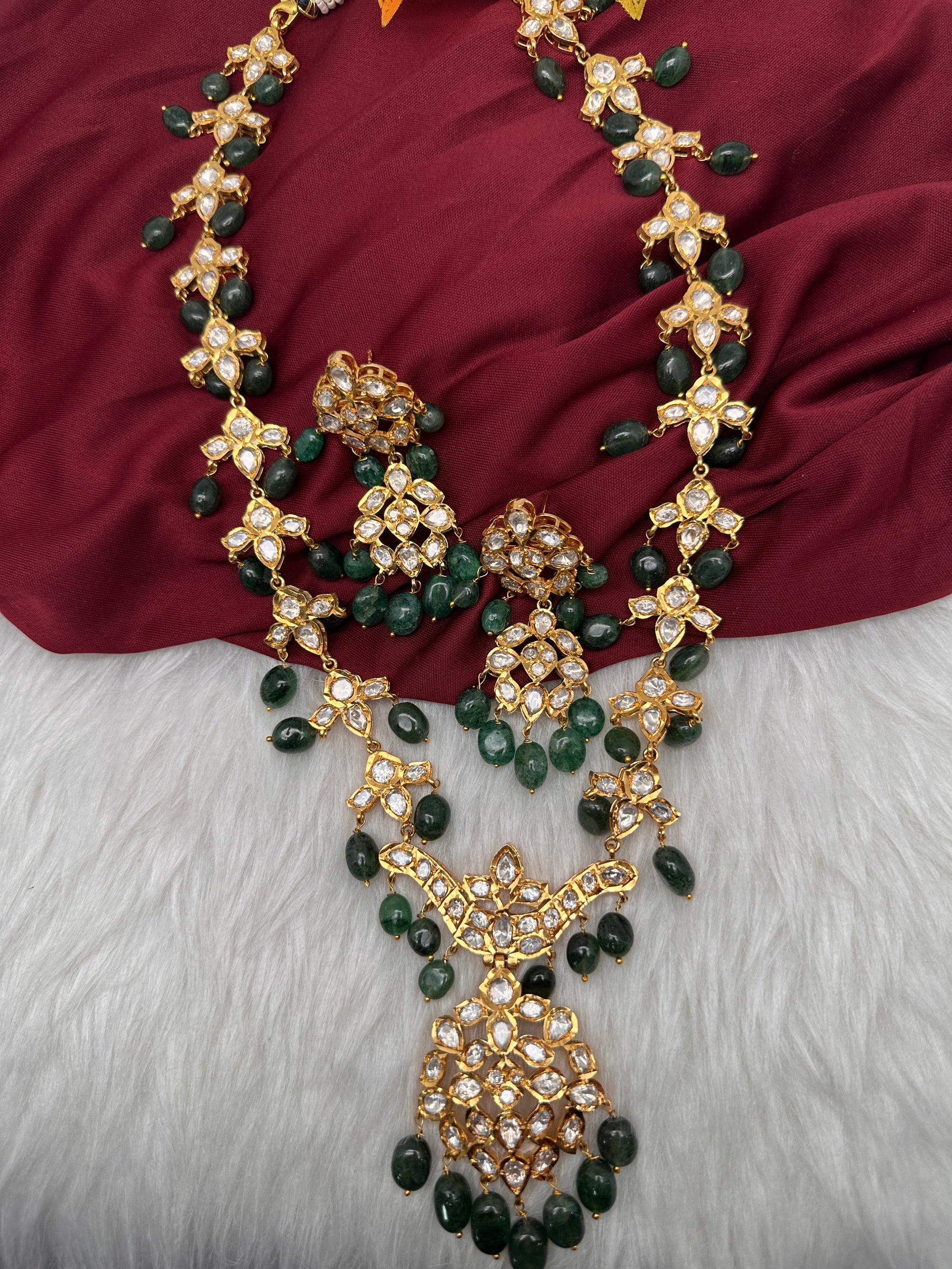 Polki 6 Carat Gold Plated CZ Green Emerald Beads Necklace