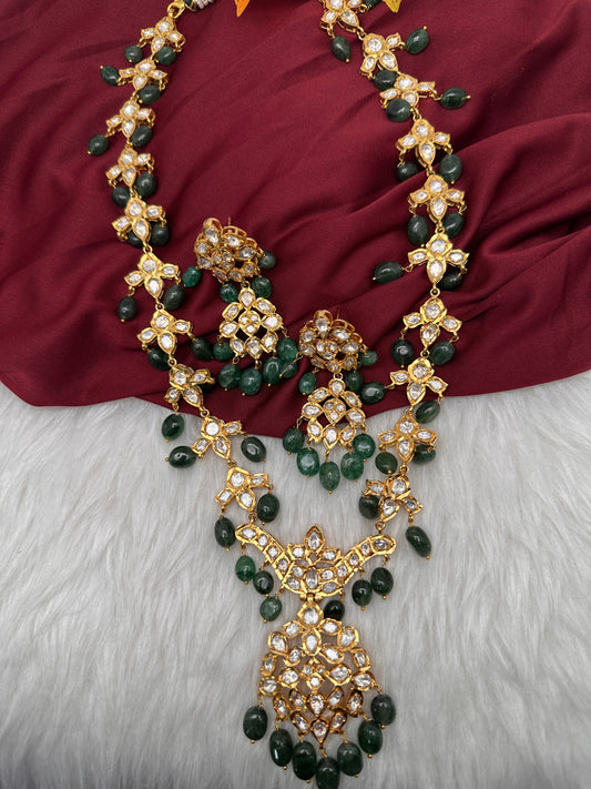 Polki 6 Carat Gold Plated CZ Green Emerald Beads Necklace