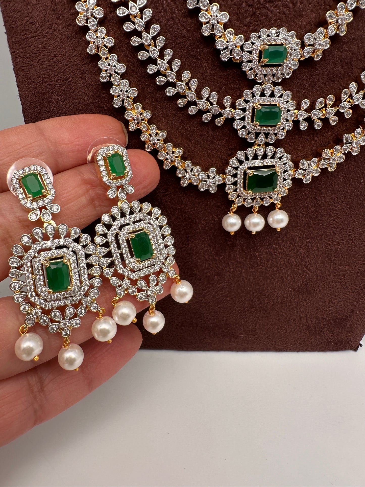 AD  Color Stone Diamond Finish Multi Layer Long  Necklace