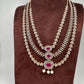 AD  Color Stone Diamond Finish Multi Layer Long  Necklace - Red