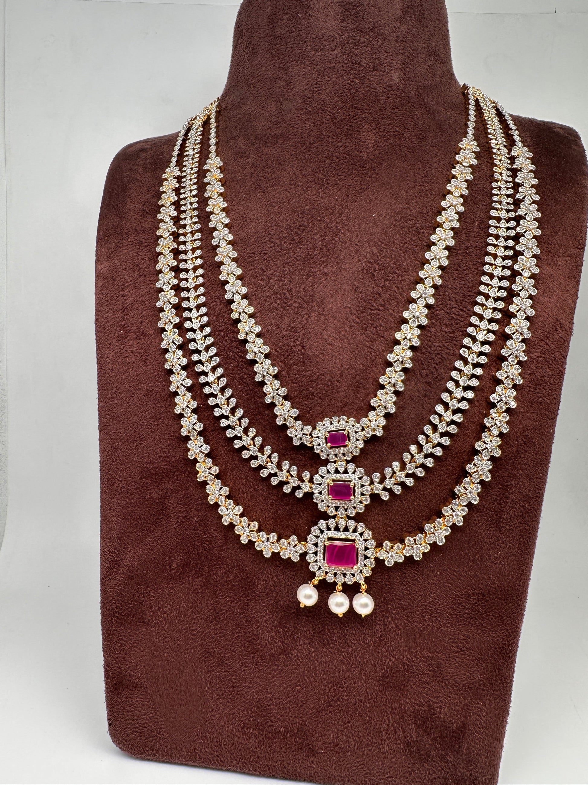 AD  Color Stone Diamond Finish Multi Layer Long  Necklace - Red