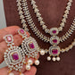 AD  Color Stone Diamond Finish Multi Layer Long  Necklace - Red