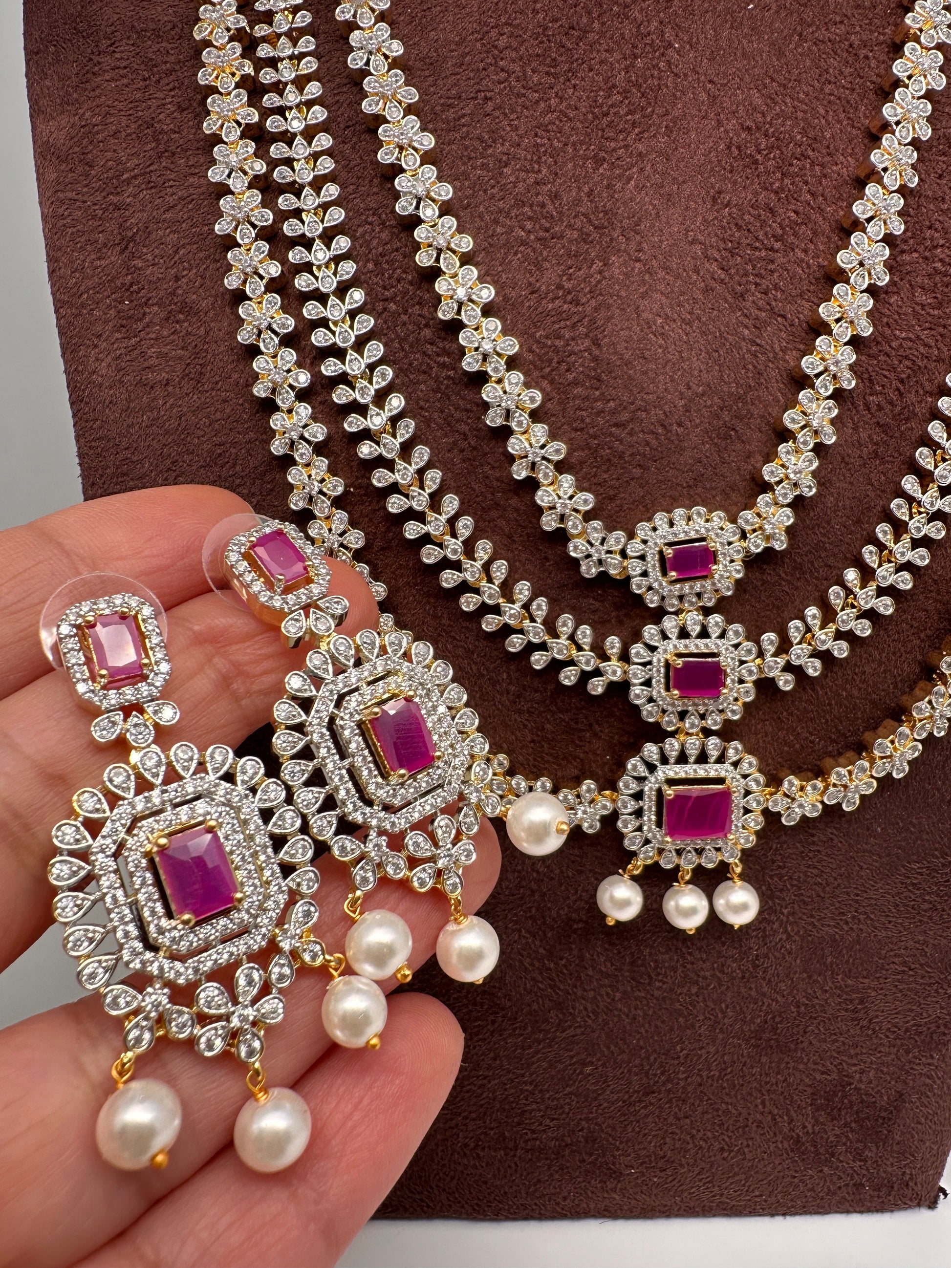 AD  Color Stone Diamond Finish Multi Layer Long  Necklace - Red