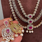 AD  Color Stone Diamond Finish Multi Layer Long  Necklace - Red