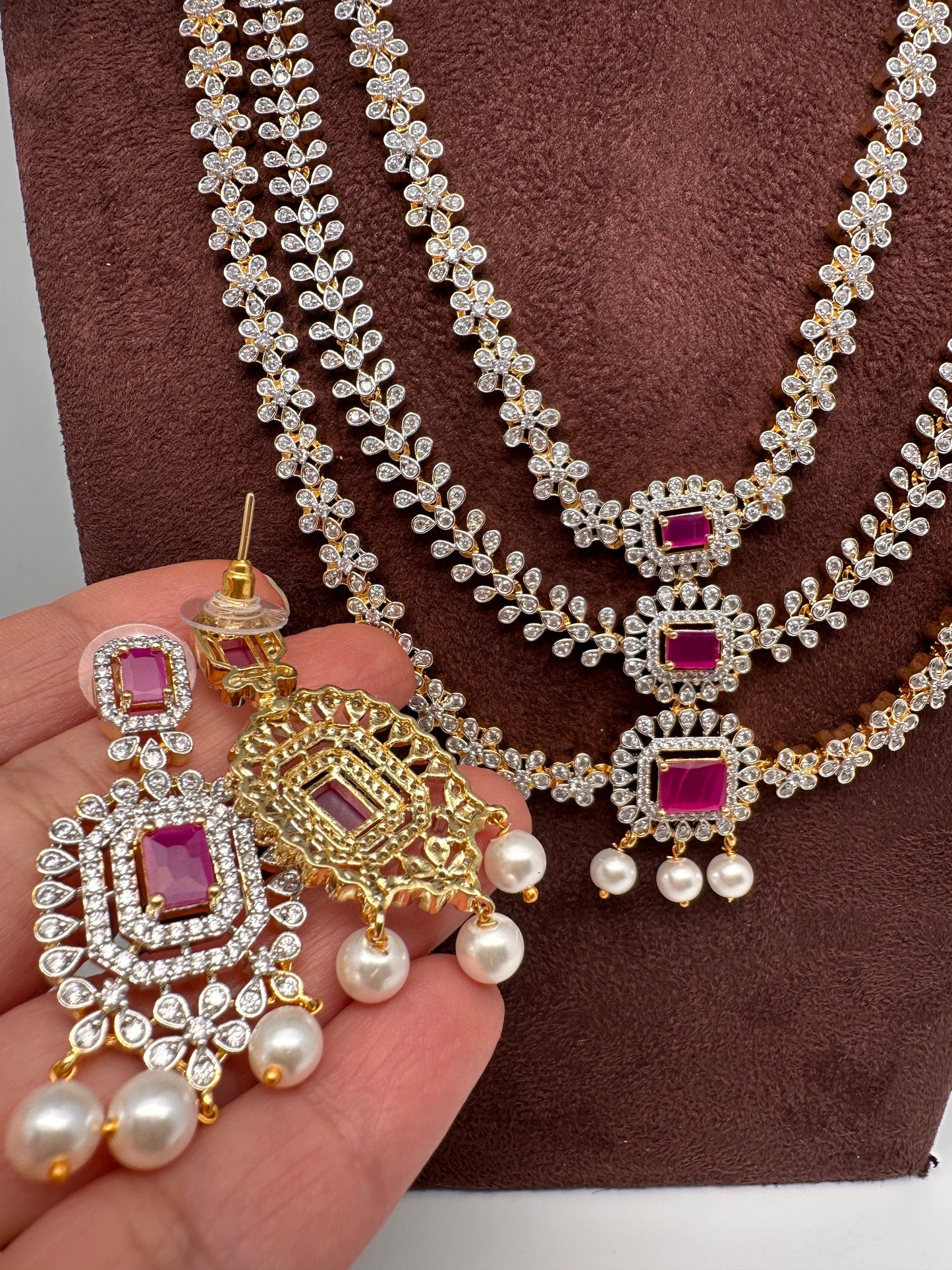 AD  Color Stone Diamond Finish Multi Layer Long  Necklace - Red