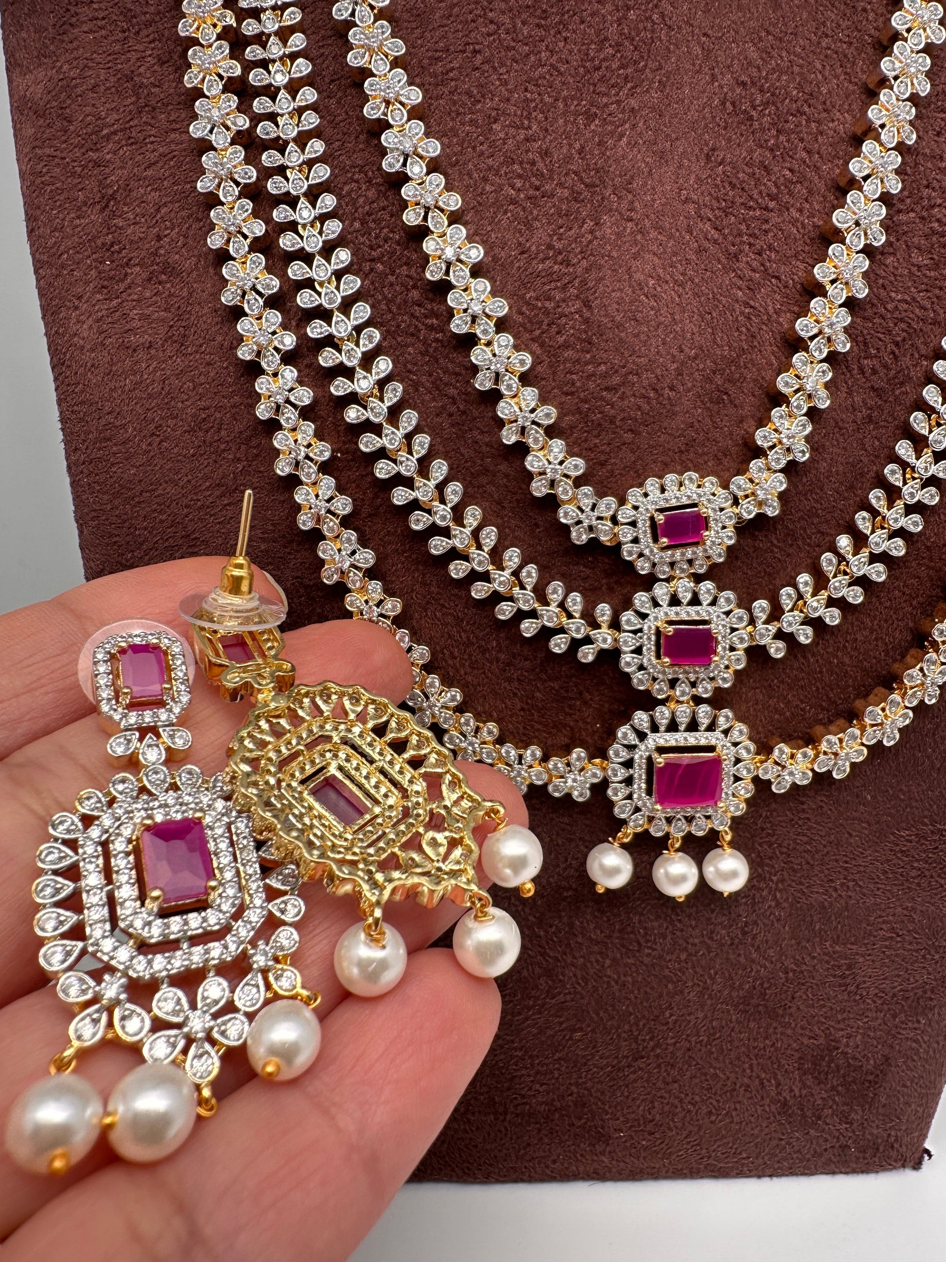 AD  Color Stone Diamond Finish Multi Layer Long  Necklace - Red