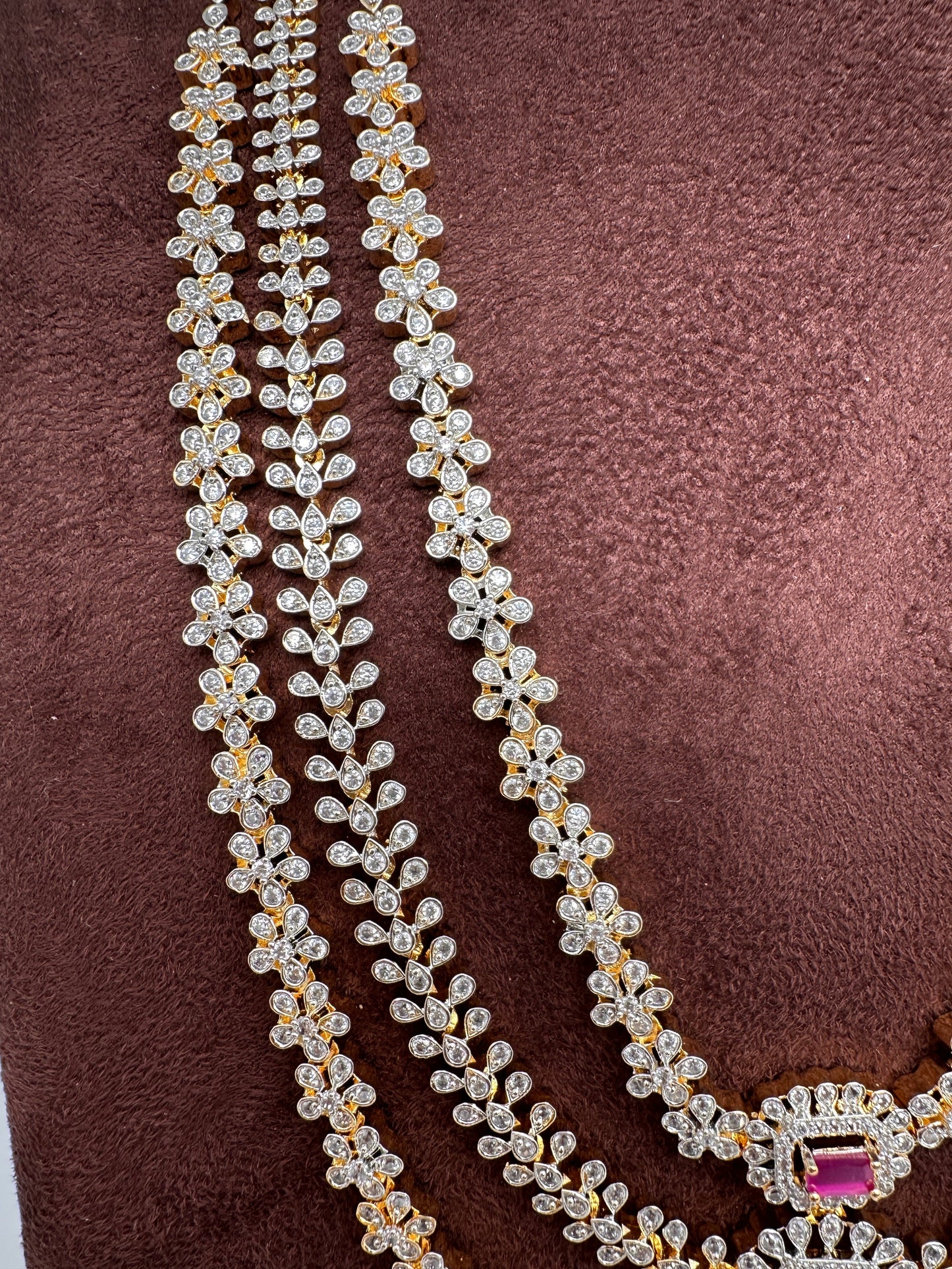 AD  Color Stone Diamond Finish Multi Layer Long  Necklace - Red