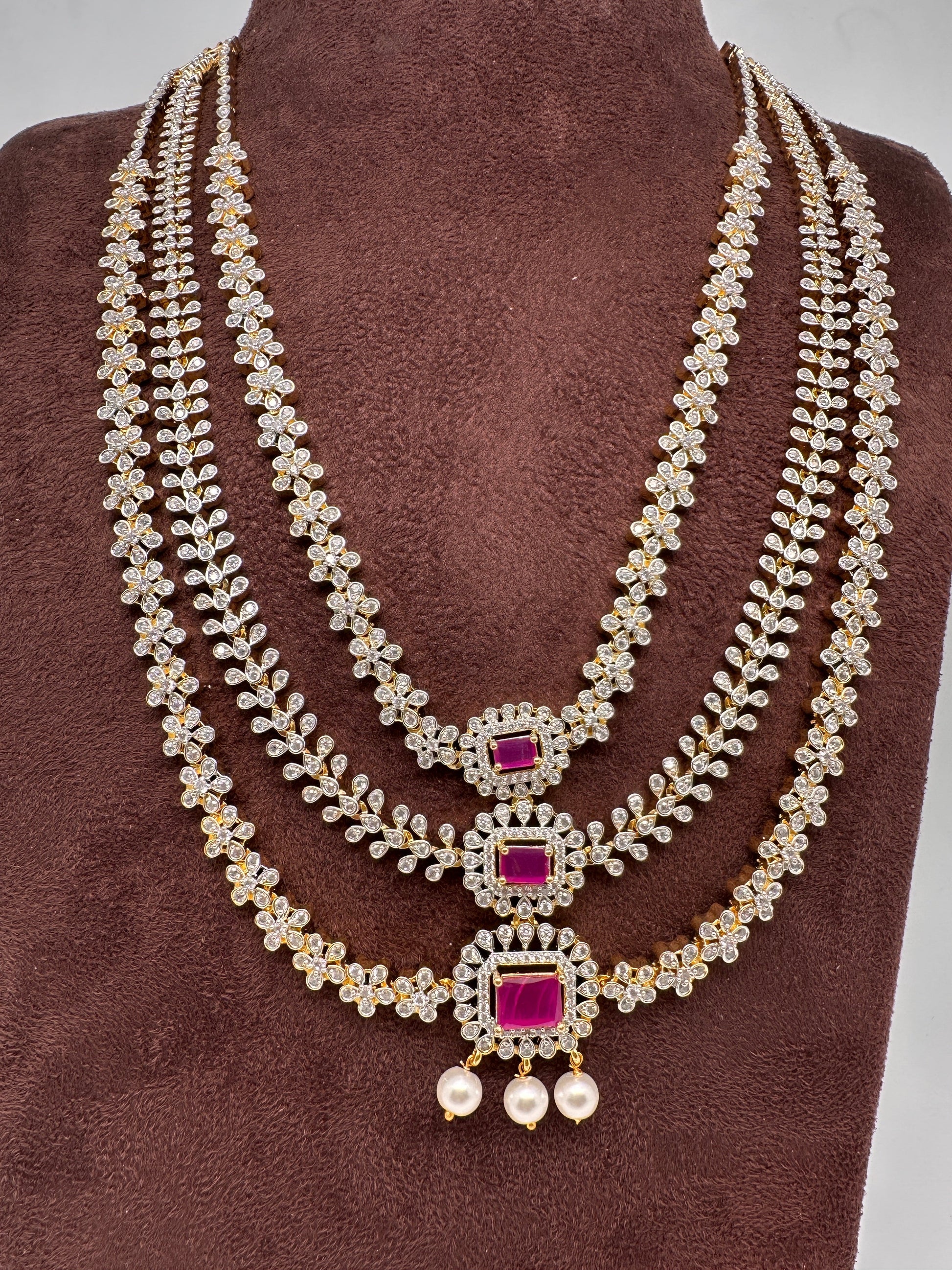 AD  Color Stone Diamond Finish Multi Layer Long  Necklace - Red